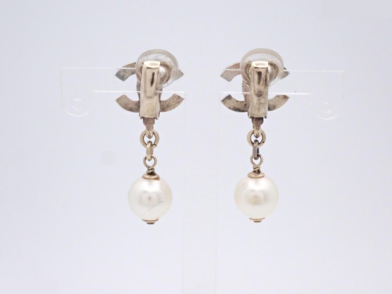 Earrings with Coco Mark design, rhinestones, and pearls. — view 2