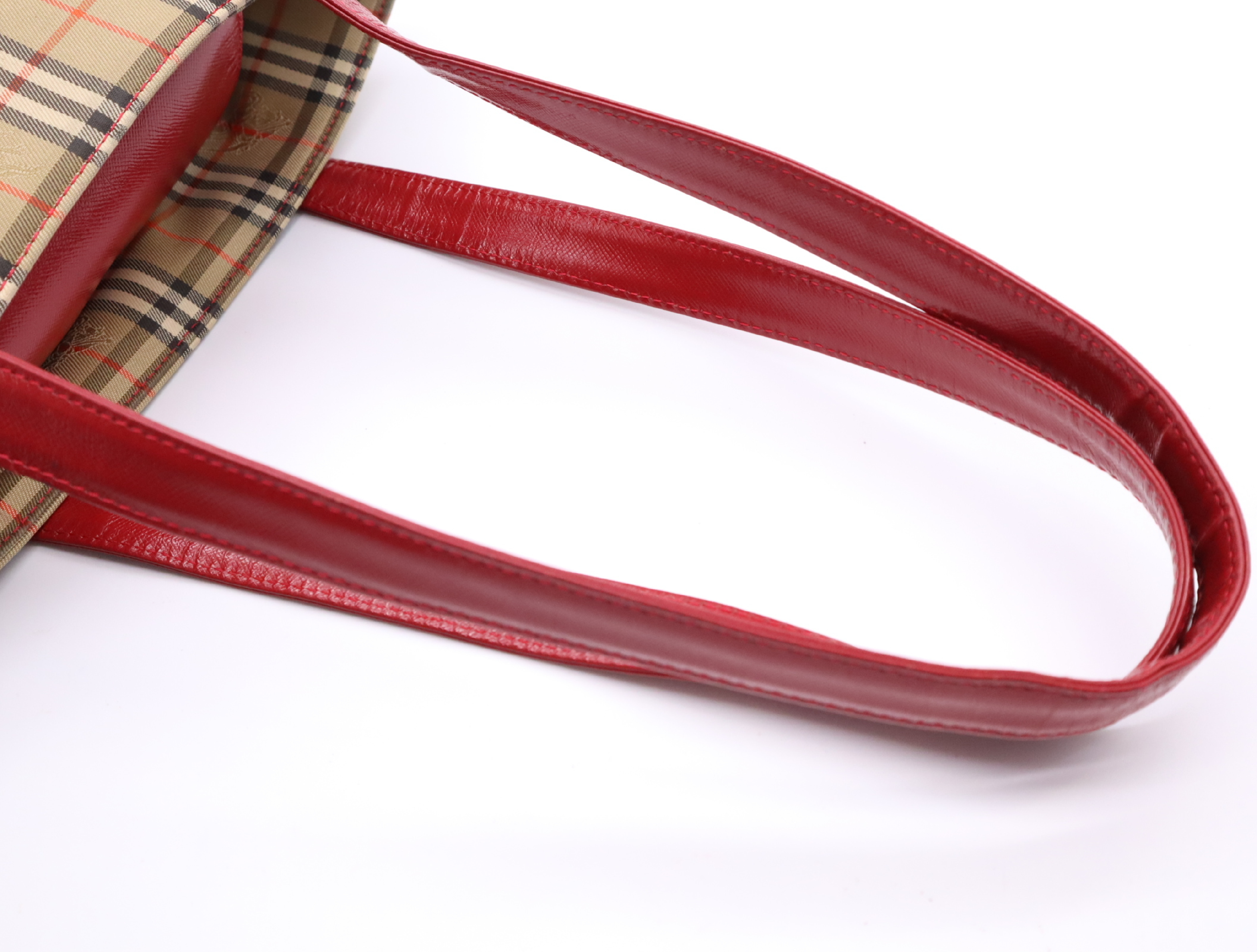 Canvas/Leather Nova Check Tote Bag, Beige/Red, with Charm — view 12