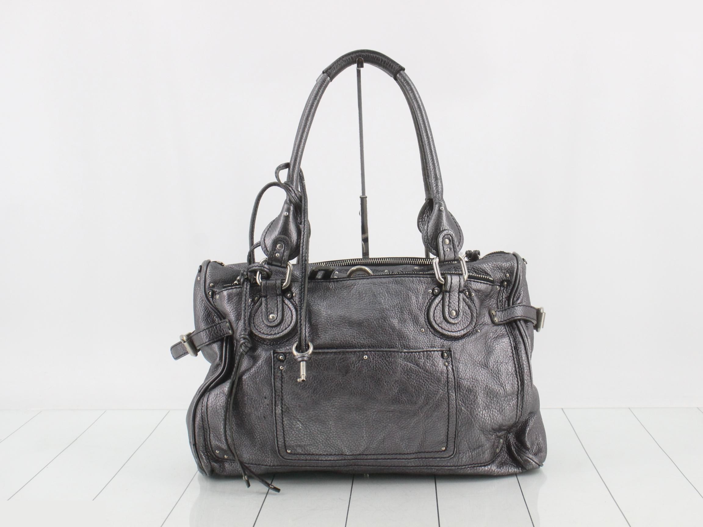 Leather Paddington Tote Bag with Key, Gray