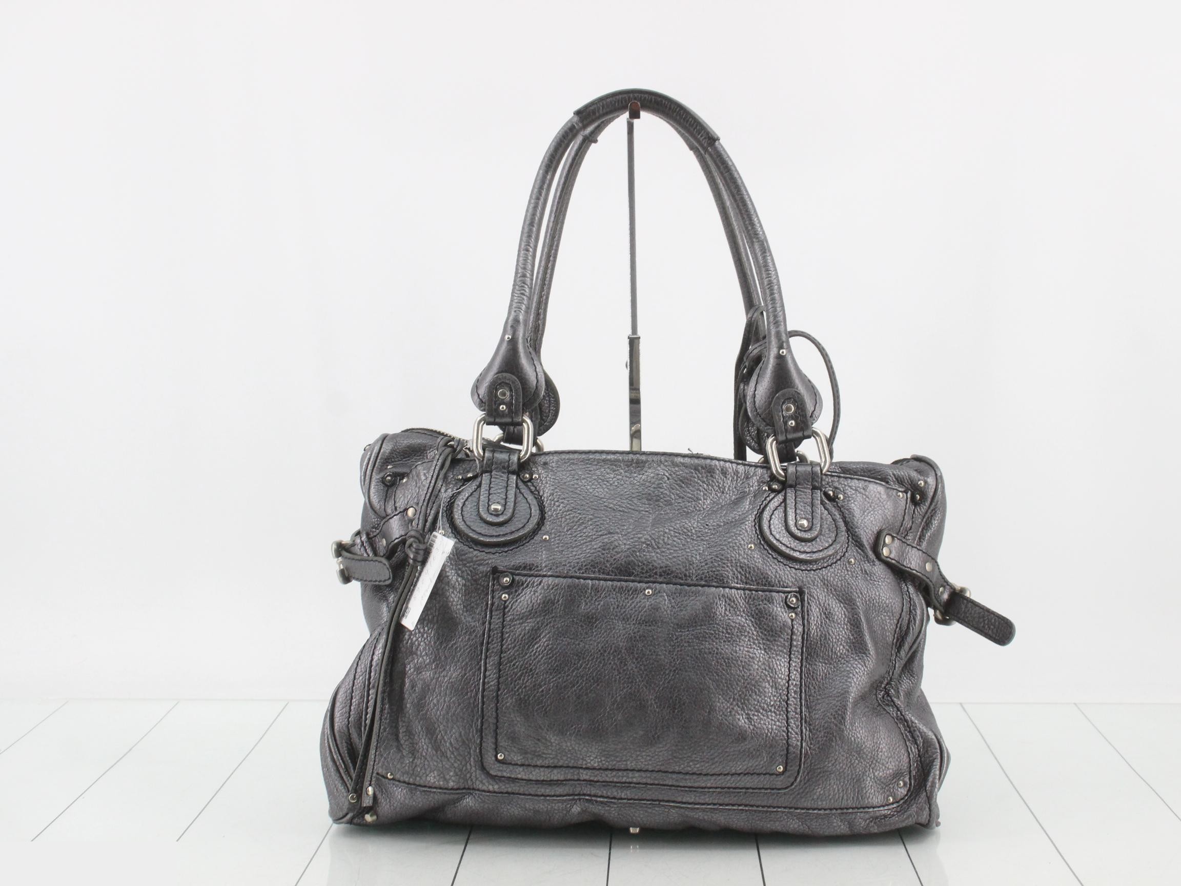 Leather Paddington Tote Bag with Key, Gray — view 2