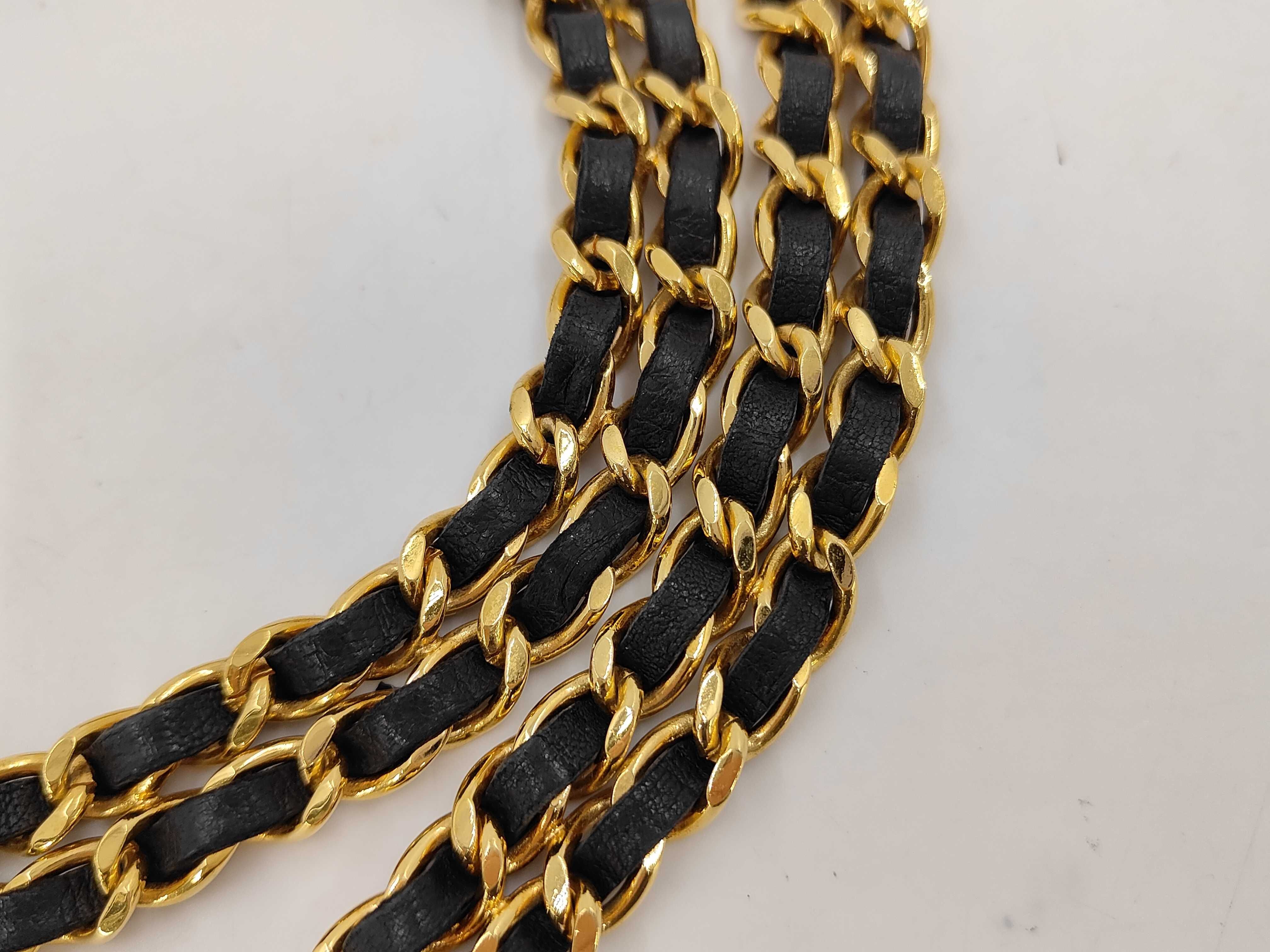 Coco Mark Gold Black Leather Double Chain Belt — view 4