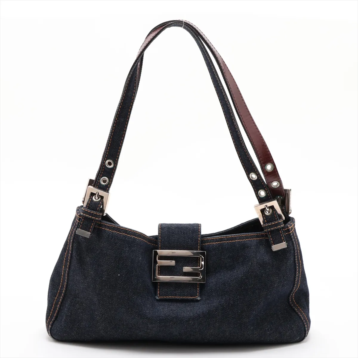 26583 Denim x Leather Shoulder Bag, Navy
