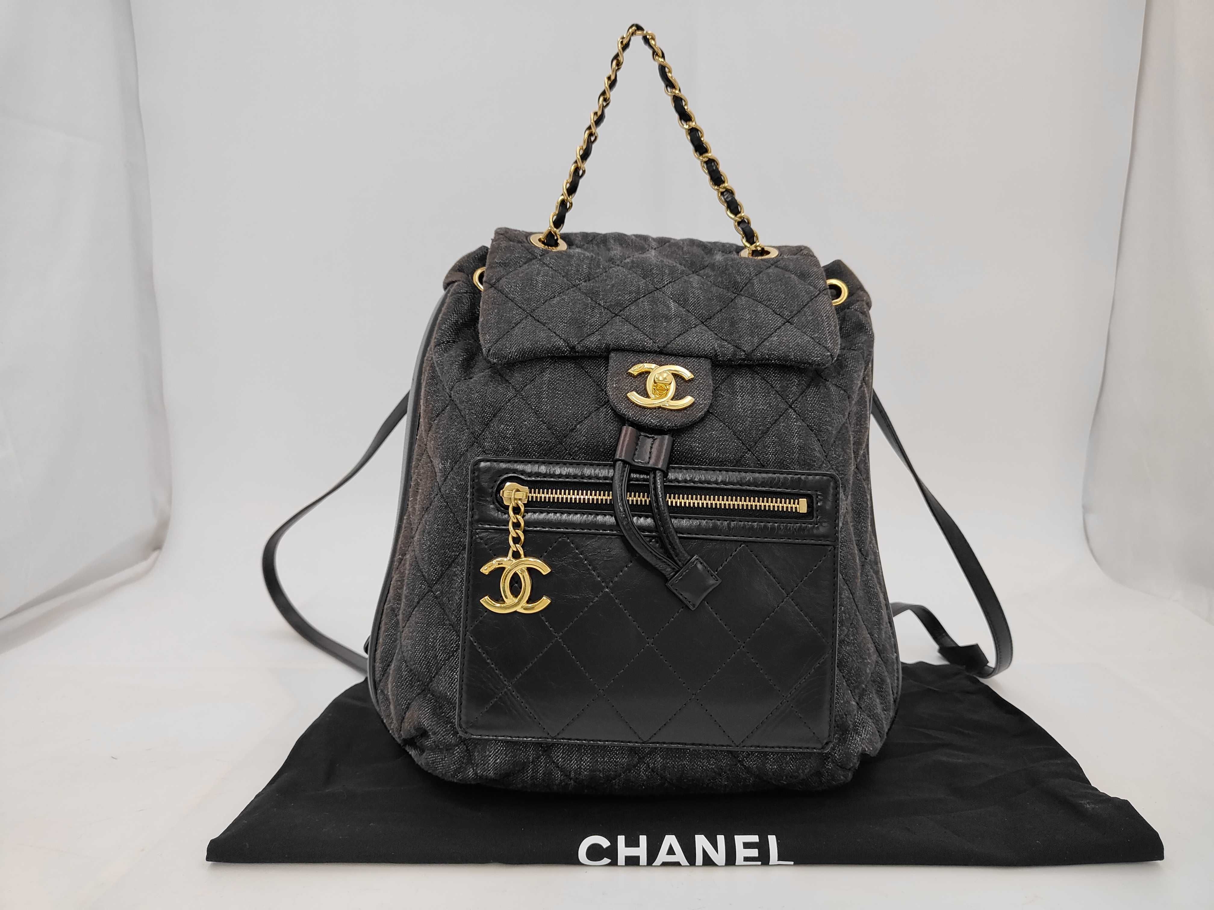Matelassé Denim Backpack, Black Leather, Gold Hardware, A93563 Bag