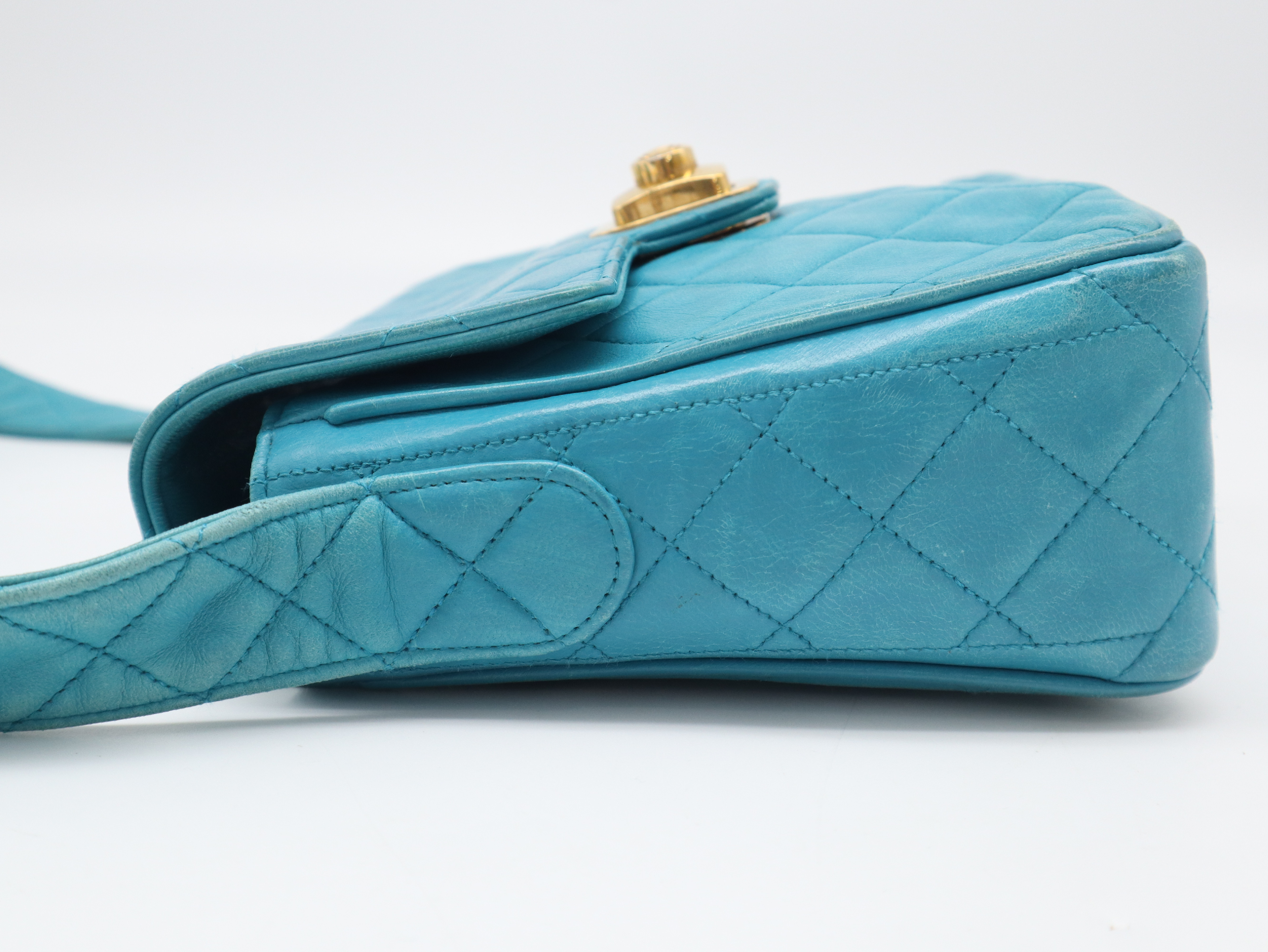 Lambskin Matelassé Shoulder Bag, Small Flap, Square, Gold Hardware, Turquoise, Seal, 2051569, with Dust Bag. — view 3