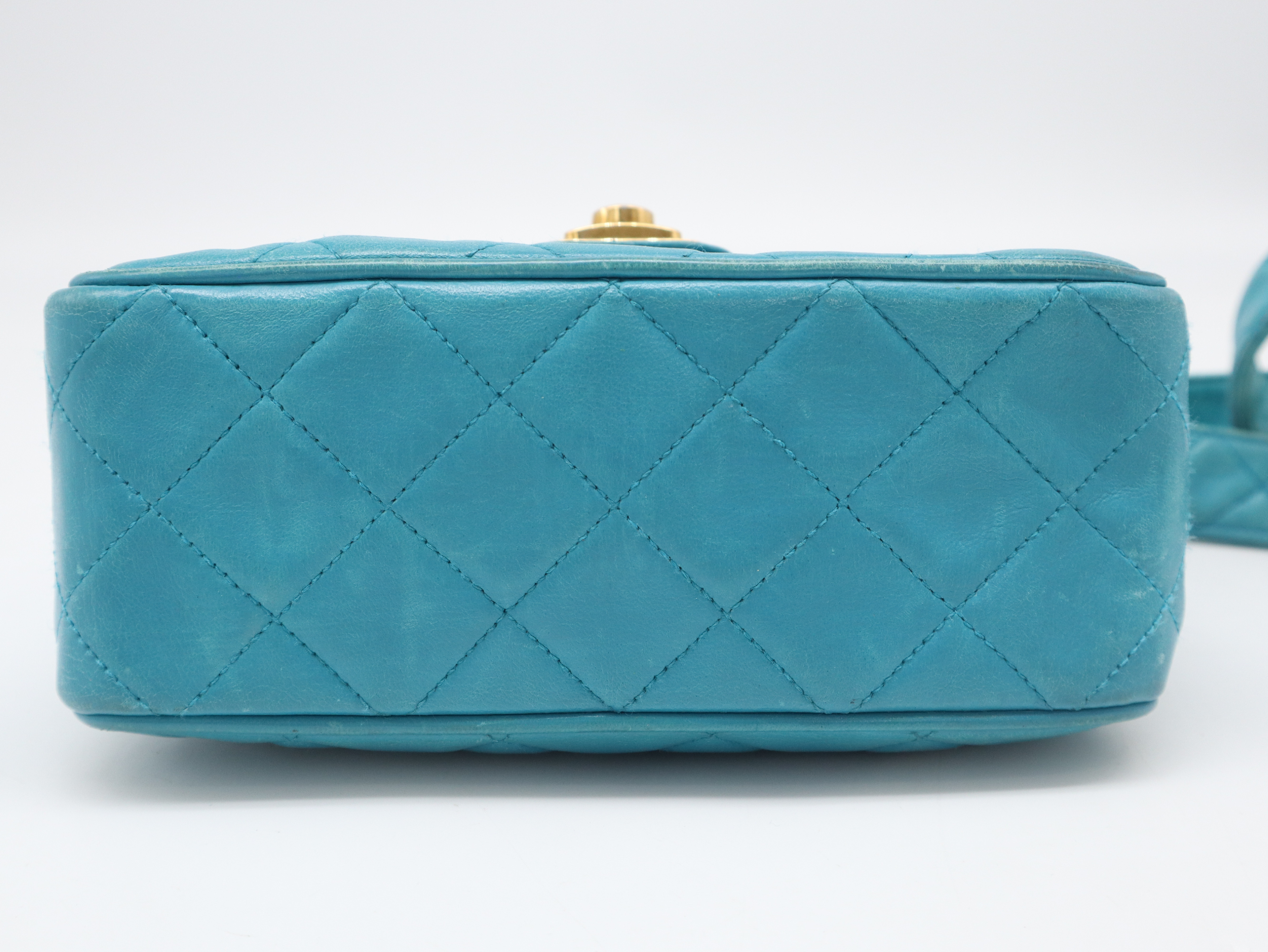 Lambskin Matelassé Shoulder Bag, Small Flap, Square, Gold Hardware, Turquoise, Seal, 2051569, with Dust Bag. — view 5