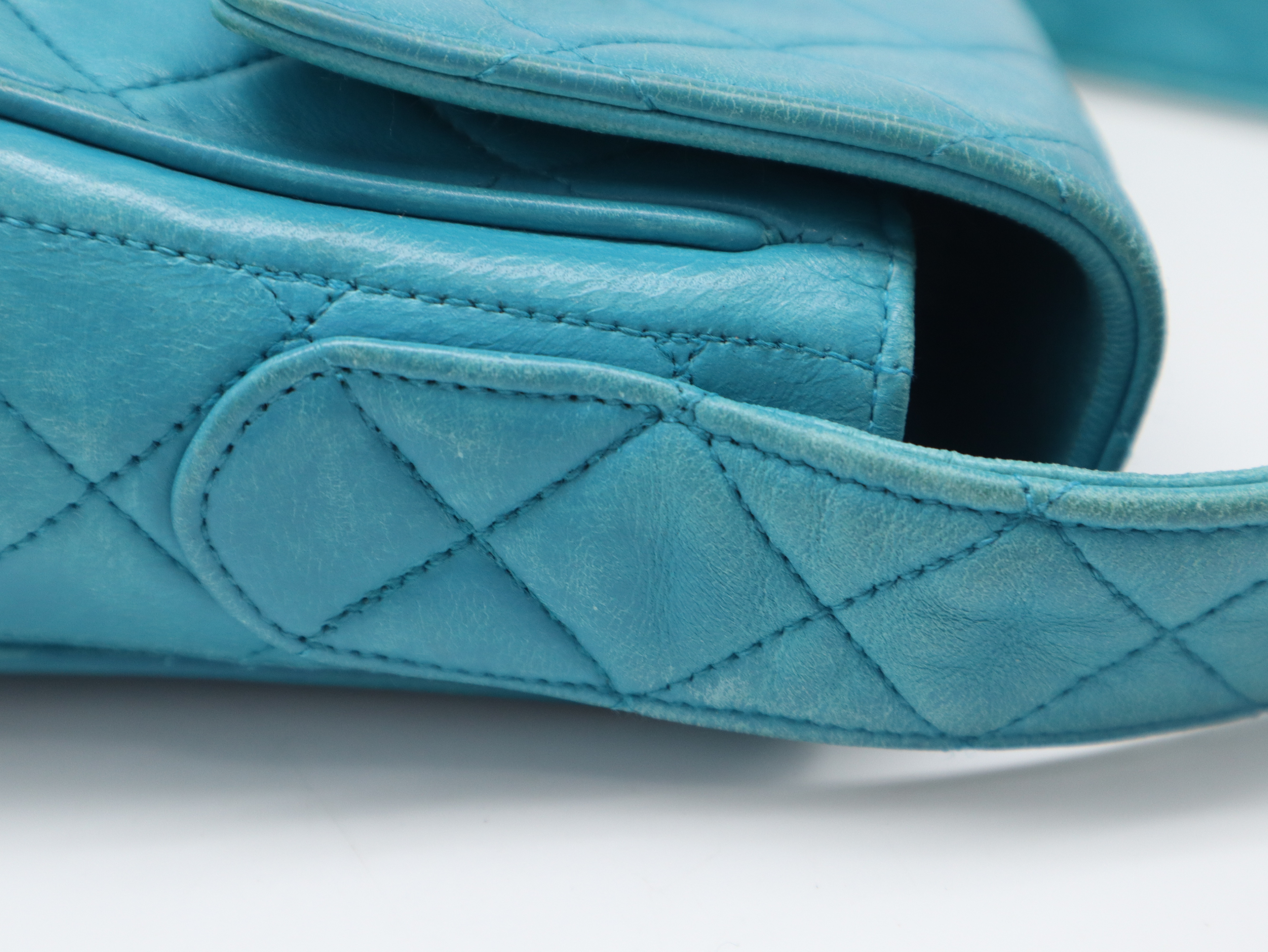 Lambskin Matelassé Shoulder Bag, Small Flap, Square, Gold Hardware, Turquoise, Seal, 2051569, with Dust Bag. — view 7