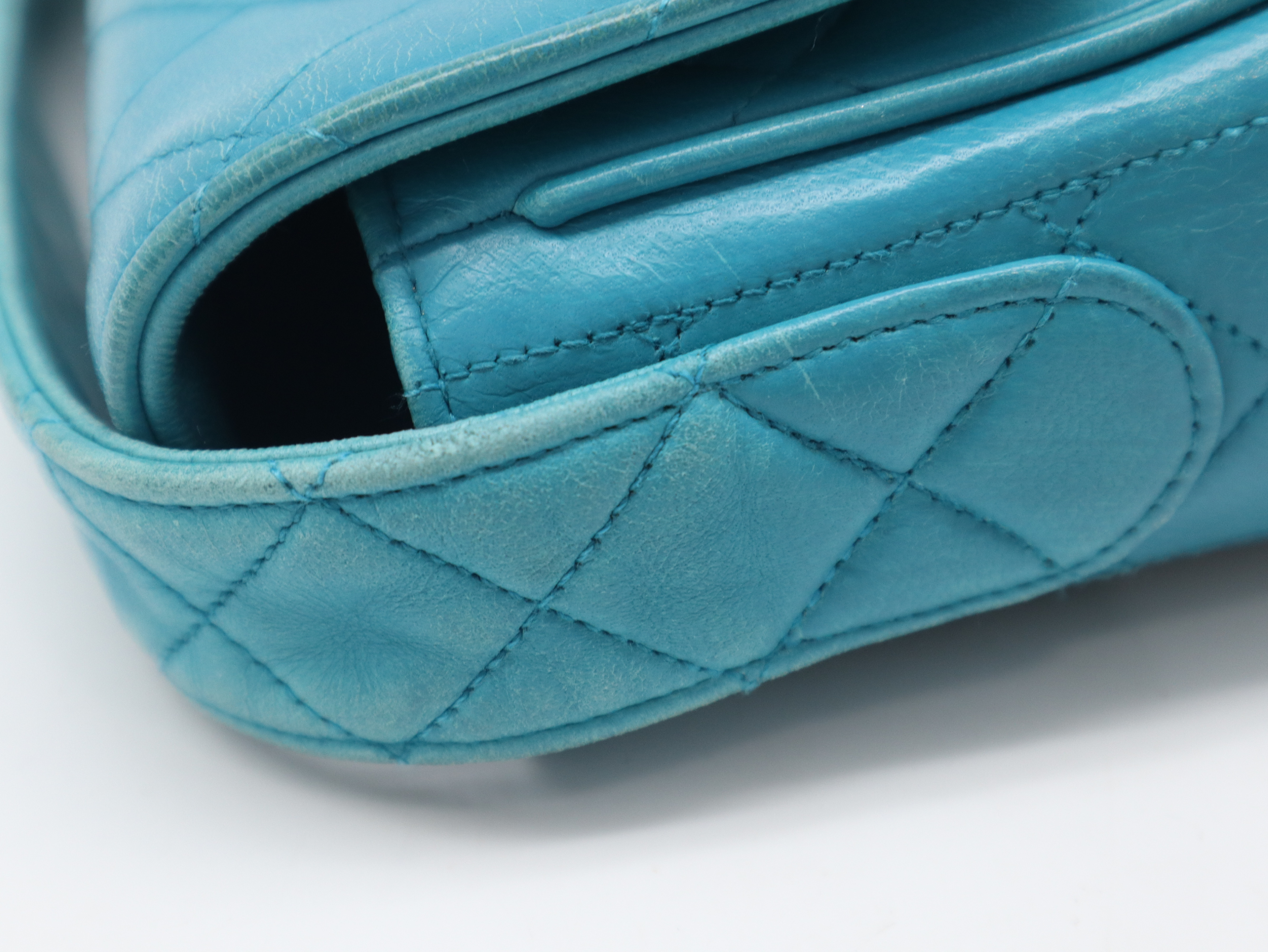 Lambskin Matelassé Shoulder Bag, Small Flap, Square, Gold Hardware, Turquoise, Seal, 2051569, with Dust Bag. — view 8