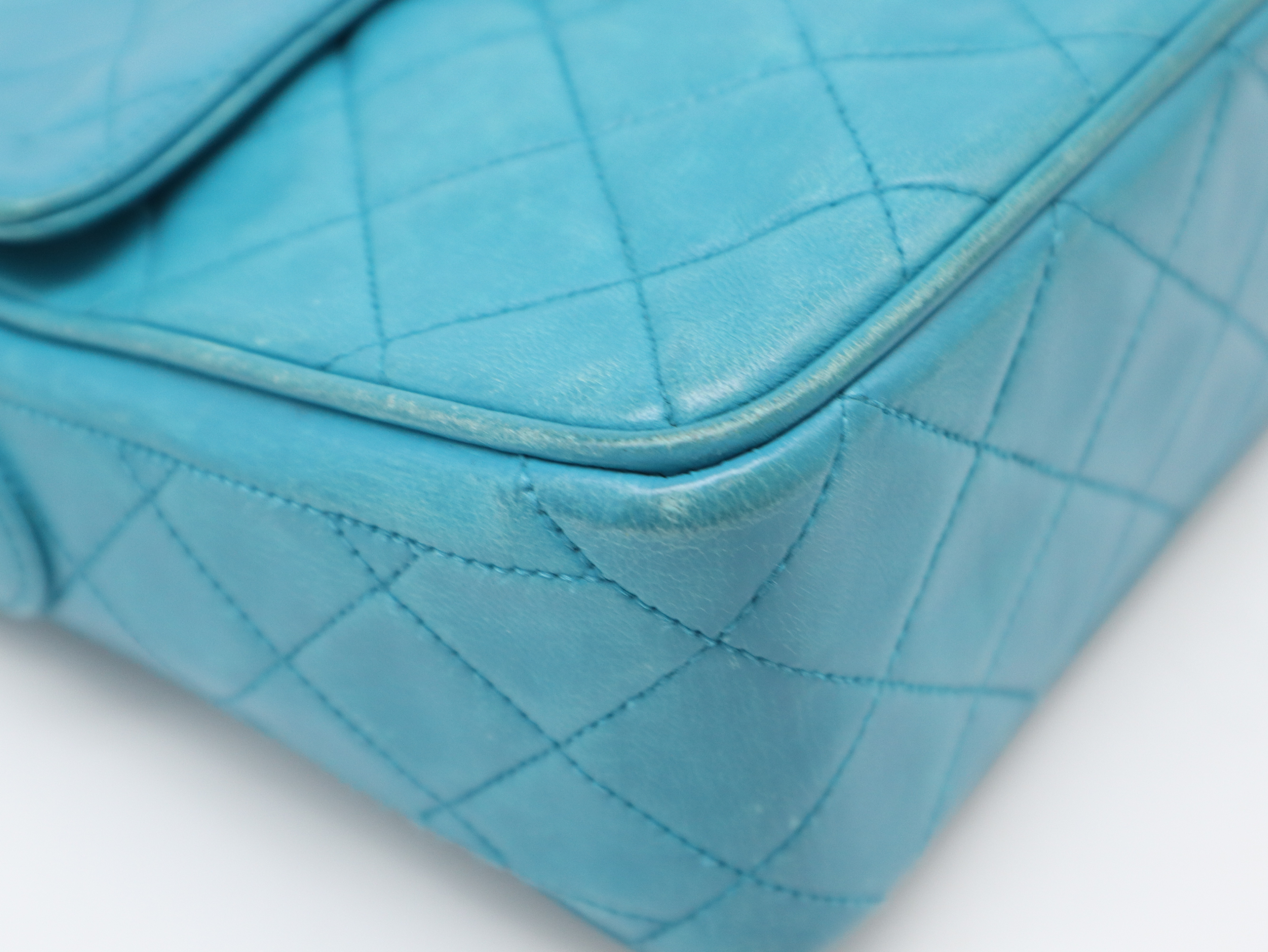 Lambskin Matelassé Shoulder Bag, Small Flap, Square, Gold Hardware, Turquoise, Seal, 2051569, with Dust Bag. — view 9