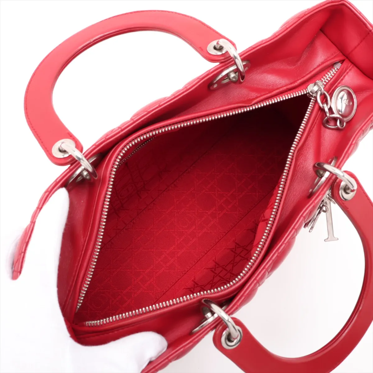 Lady Dior Cannage Leather 2-Way Handbag, Red — view 8