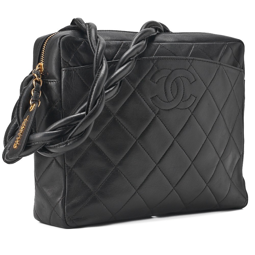 Lambskin Matelassé Shoulder Bag with Coco Mark, Black — view 3