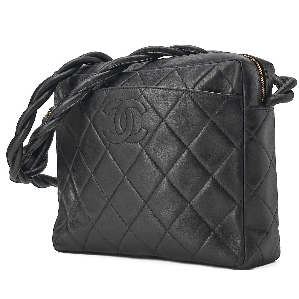 Lambskin Matelassé Shoulder Bag with Coco Mark, Black — view 4