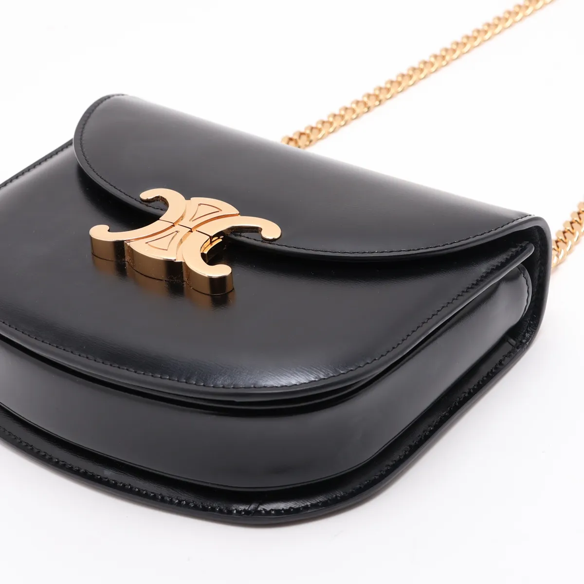 Triomphe Besace Leather Chain Shoulder Bag, Black — view 3