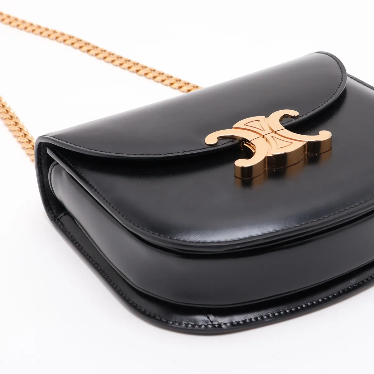 Triomphe Besace Leather Chain Shoulder Bag, Black — view 4