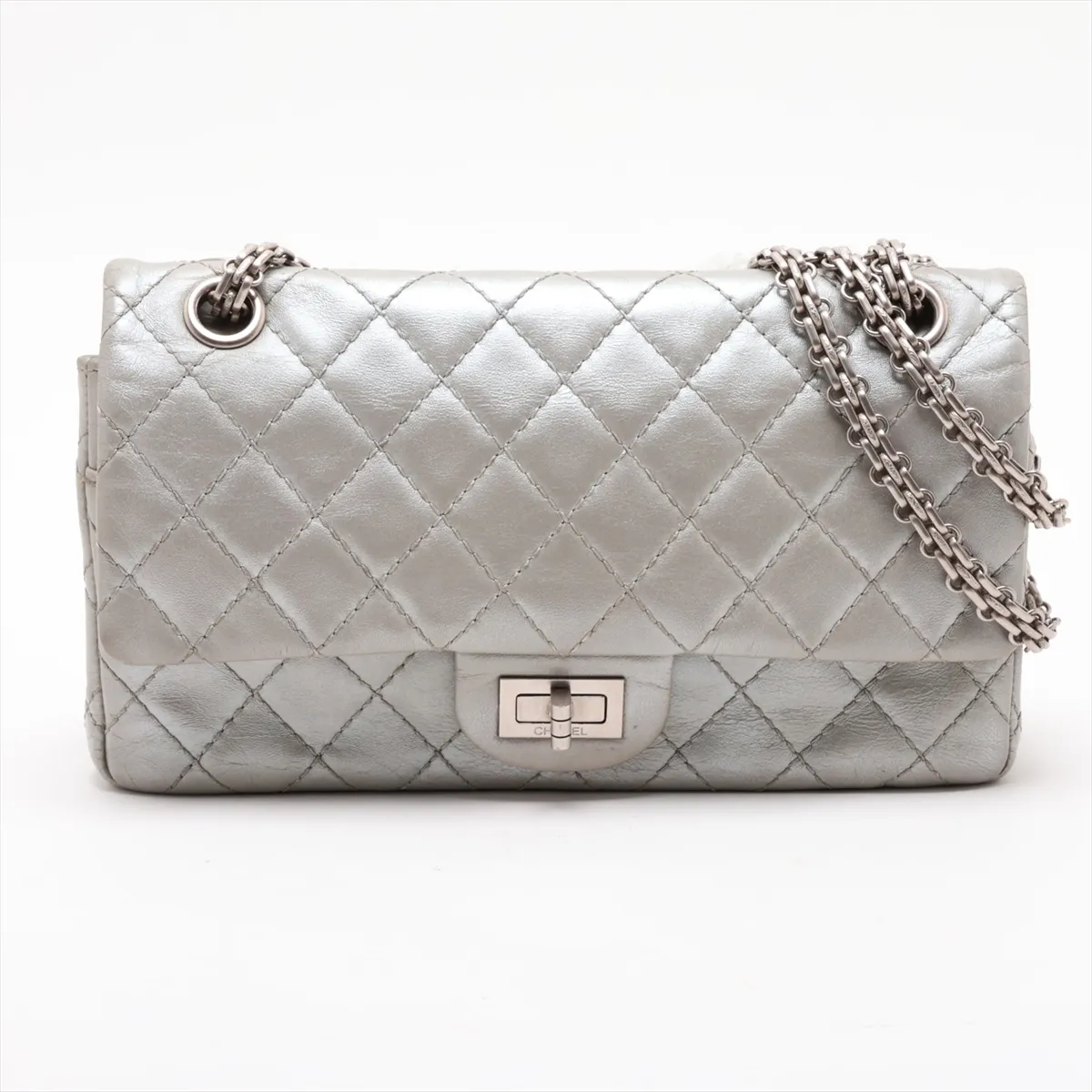 Matelassé 2.55 Leather Double Flap Double Chain Bag, Silver, Silver Hardware, 12625370, Serial Number 12, A37586