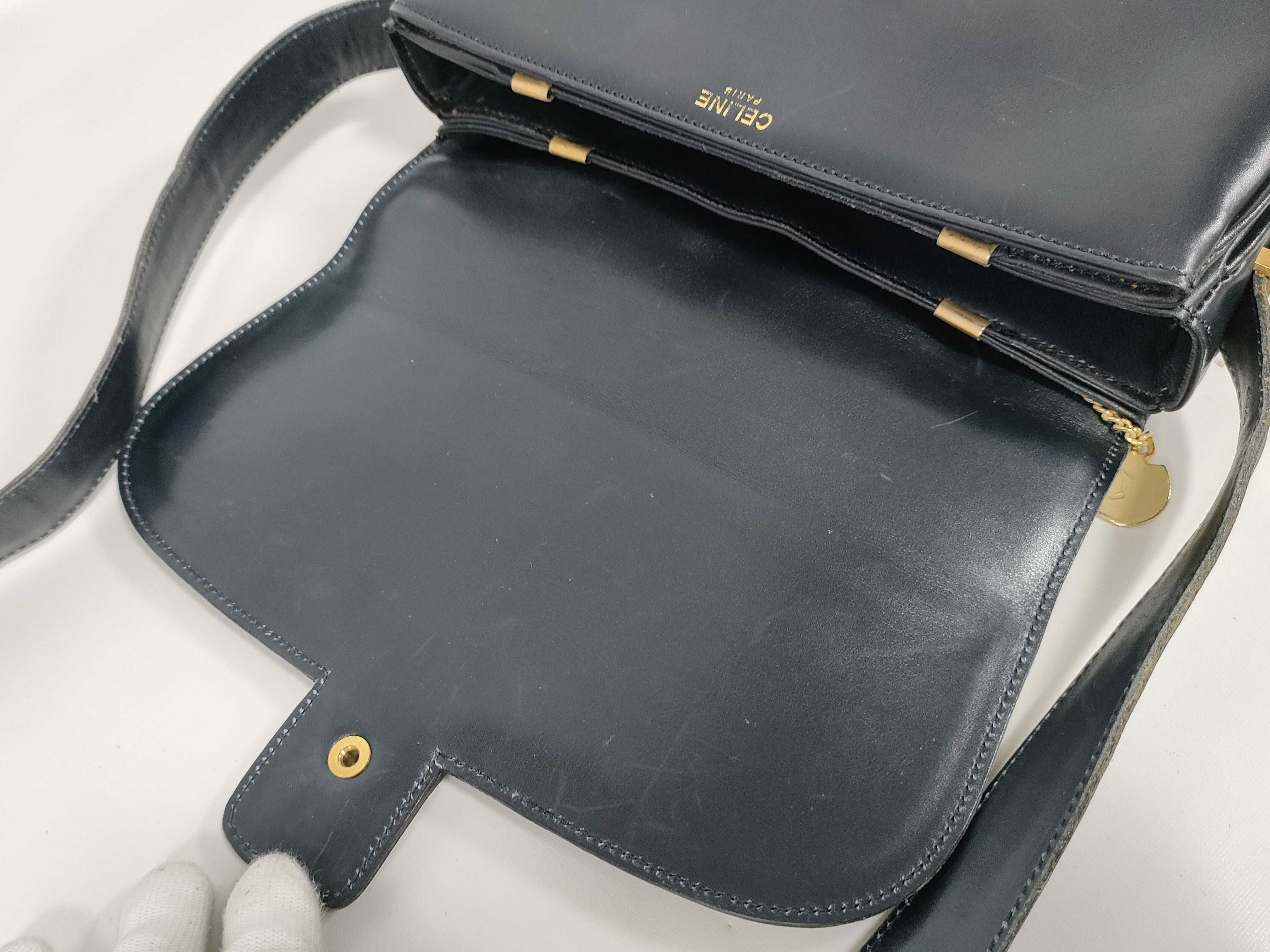 Leather Shoulder Bag, Navy — view 13