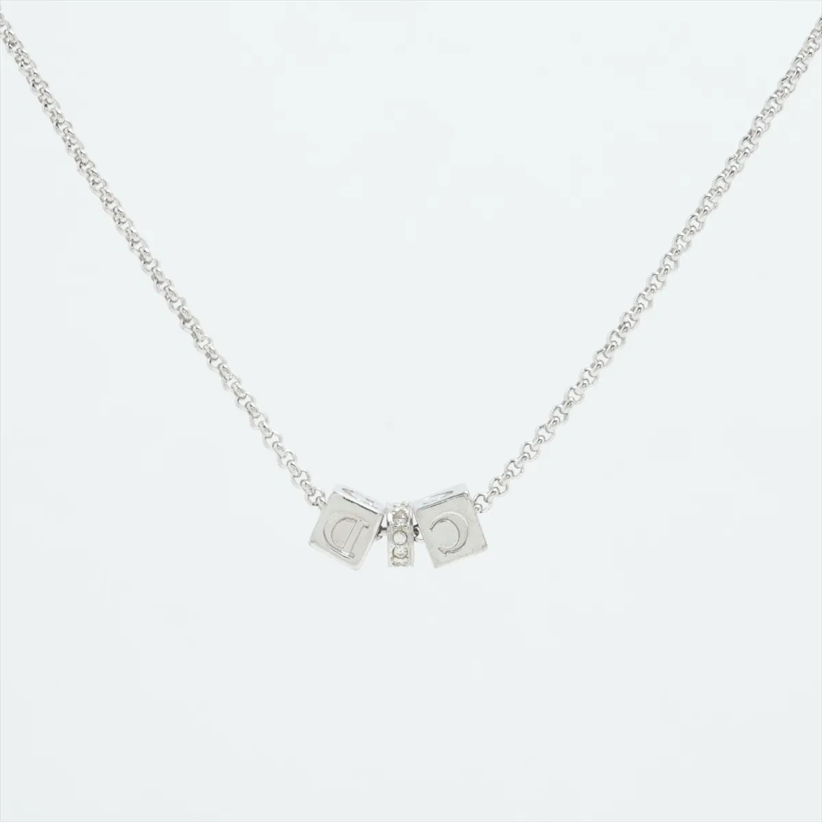 CD Cube Necklace, Metal x Rhinestone, Silver. Shows signs of wear, — view 2