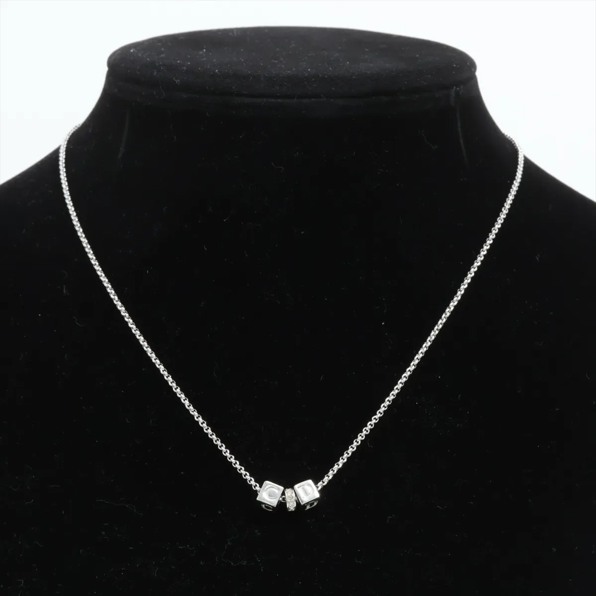 CD Cube Necklace, Metal x Rhinestone, Silver. Shows signs of wear, — view 5