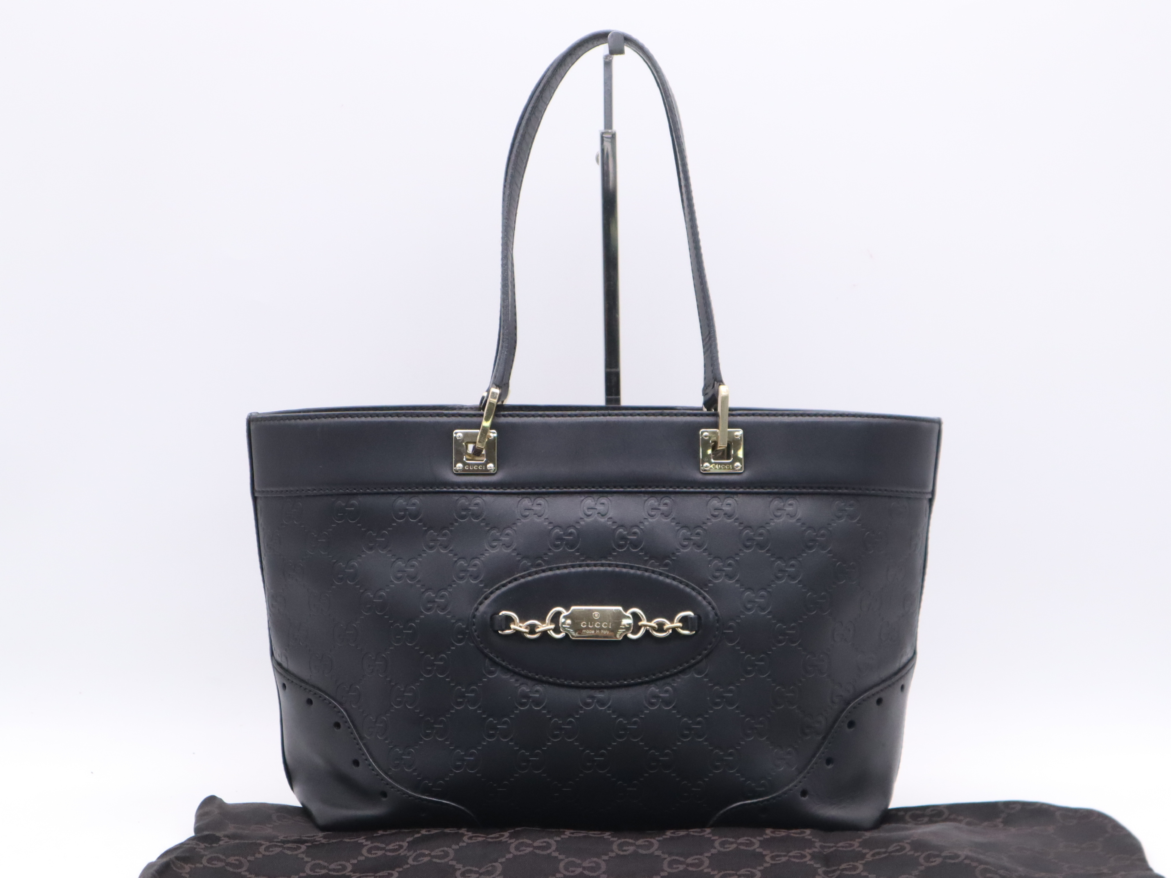 145993 Leather Guccissima Horsebit Tote Bag, Black with Gold Hardware, Includes Dust Bag.