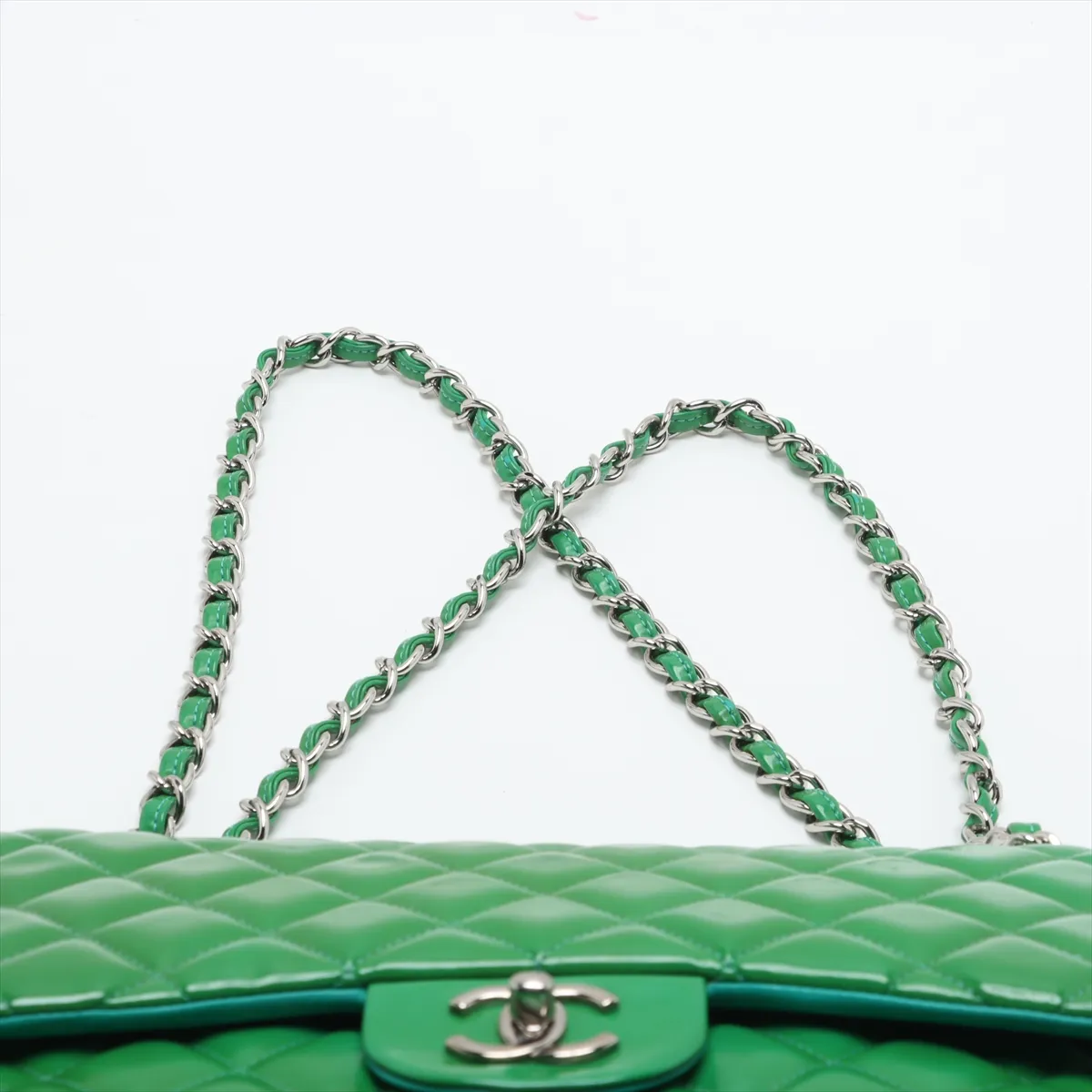 Large Matelassé 30 Patent Leather Double Flap Double Chain Bag, Green, Silver Hardware, 16510312, Serial Number 16-series, A58600 — view 6