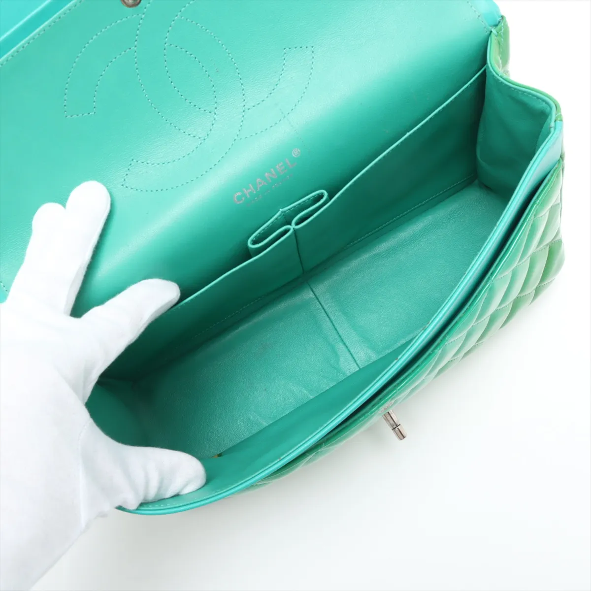 Large Matelassé 30 Patent Leather Double Flap Double Chain Bag, Green, Silver Hardware, 16510312, Serial Number 16-series, A58600 — view 7