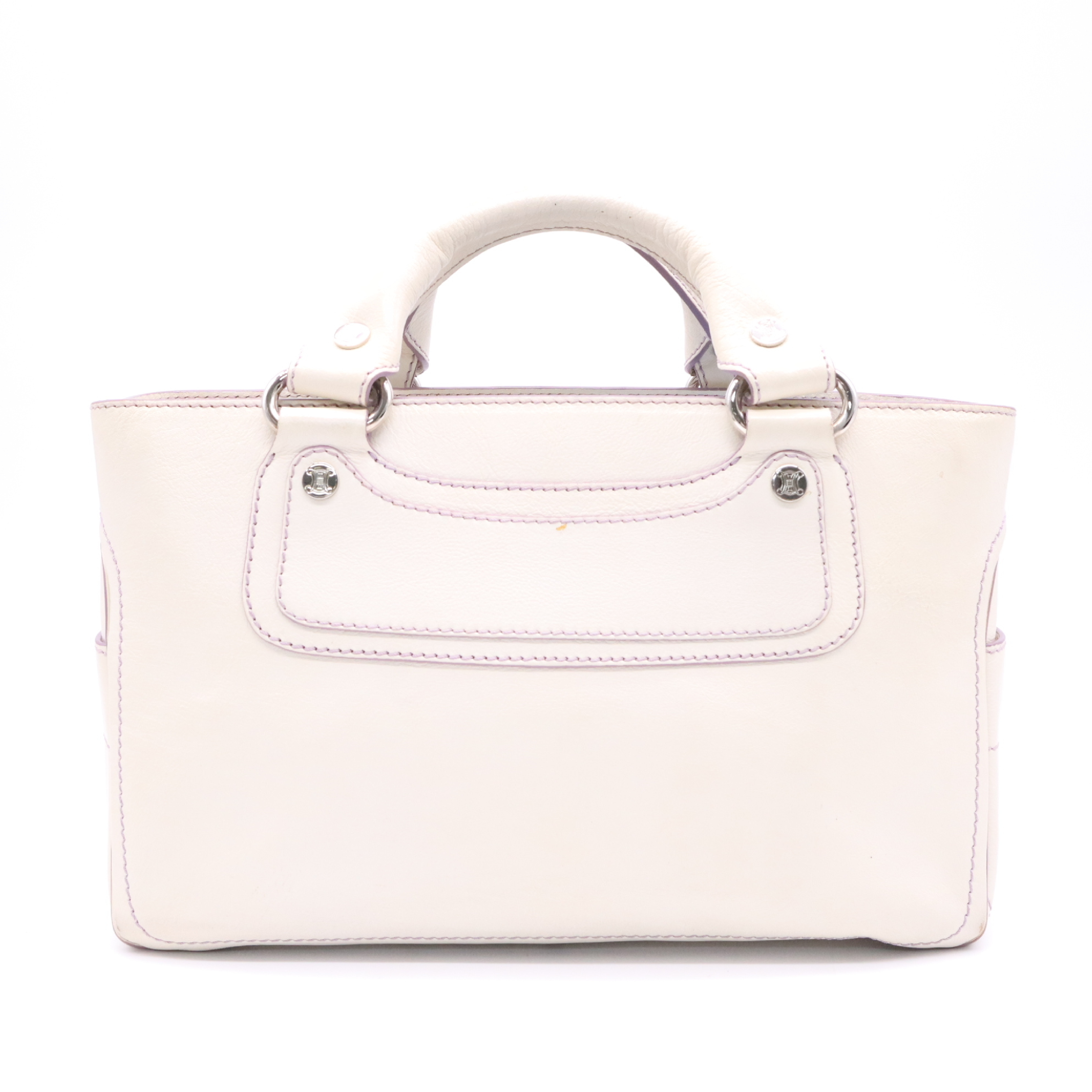 Leather Boogie Bag Handbag, Purple Stitching, Ivory, with Box. — view 2