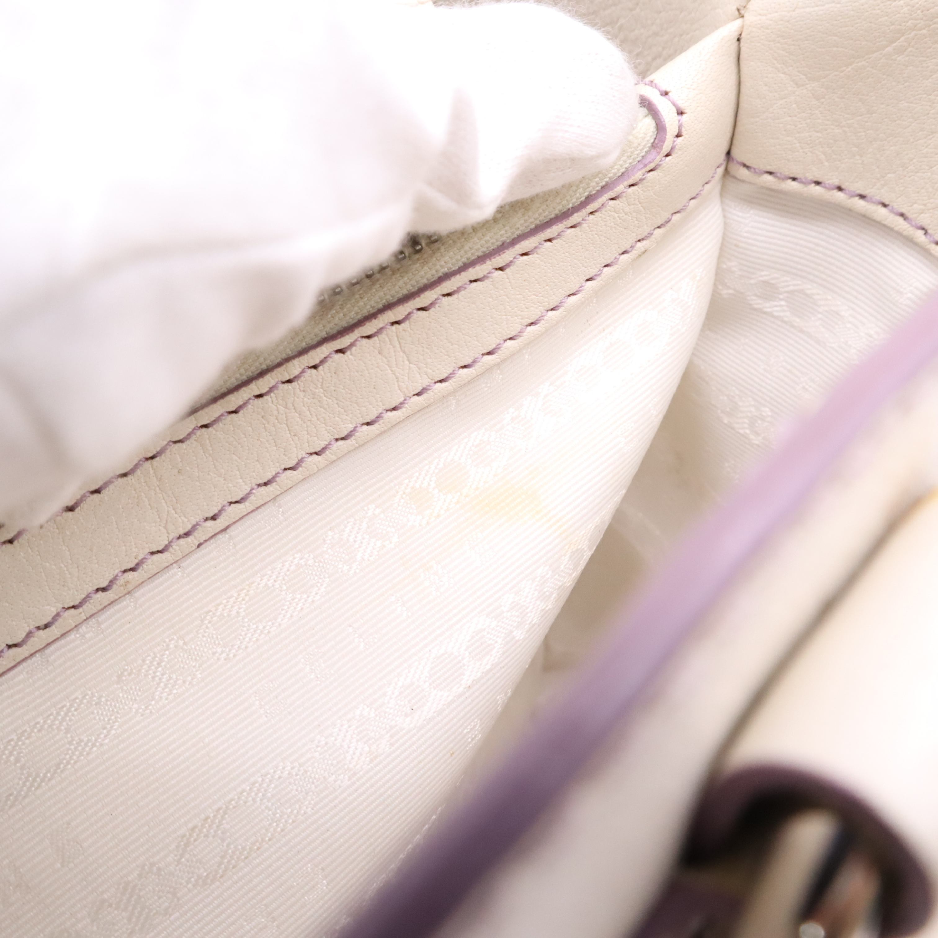 Leather Boogie Bag Handbag, Purple Stitching, Ivory, with Box. — view 12