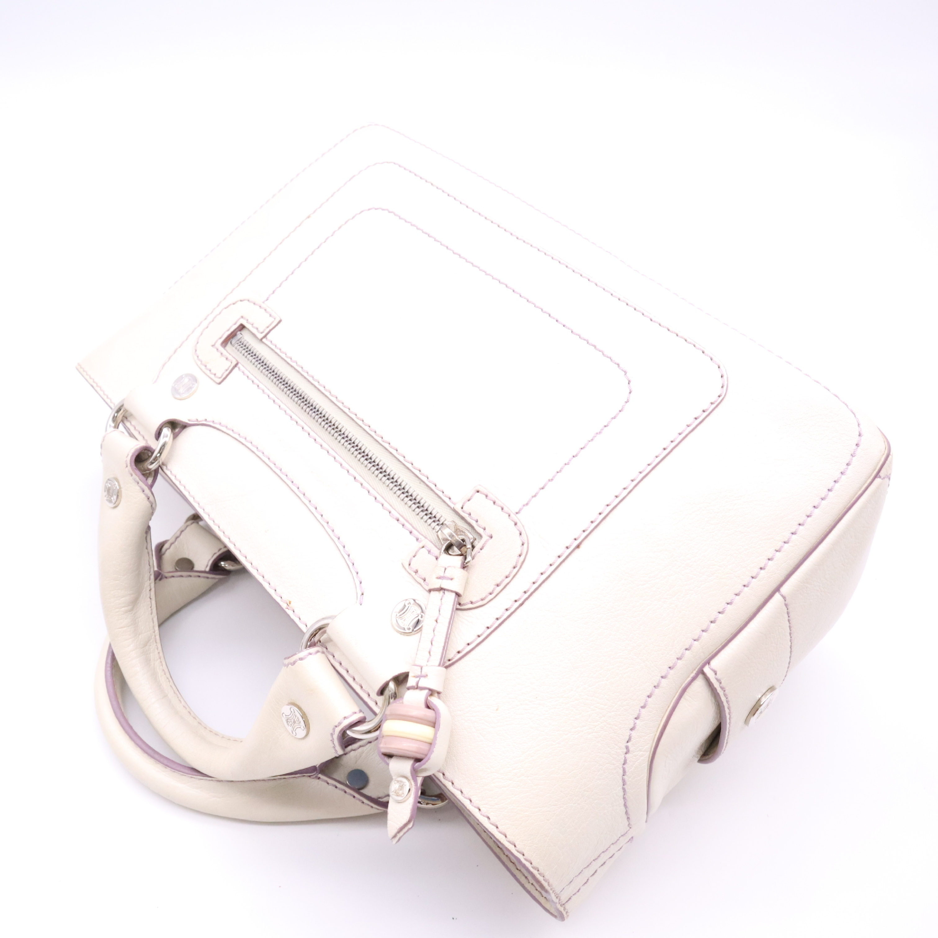 Leather Boogie Bag Handbag, Purple Stitching, Ivory, with Box. — view 3