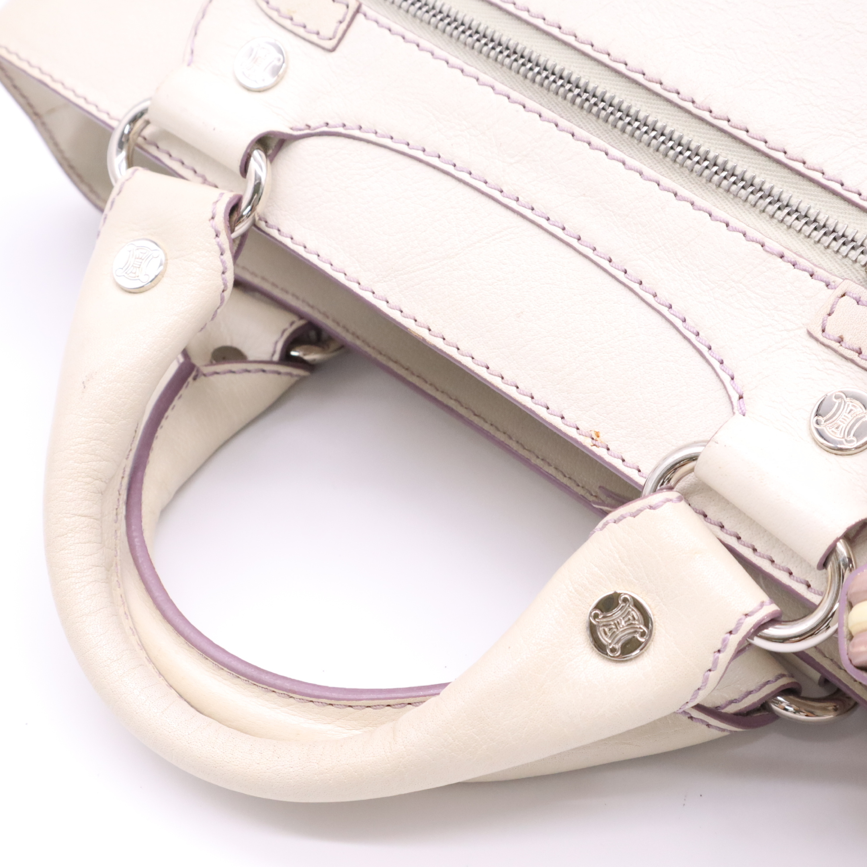 Leather Boogie Bag Handbag, Purple Stitching, Ivory, with Box. — view 6