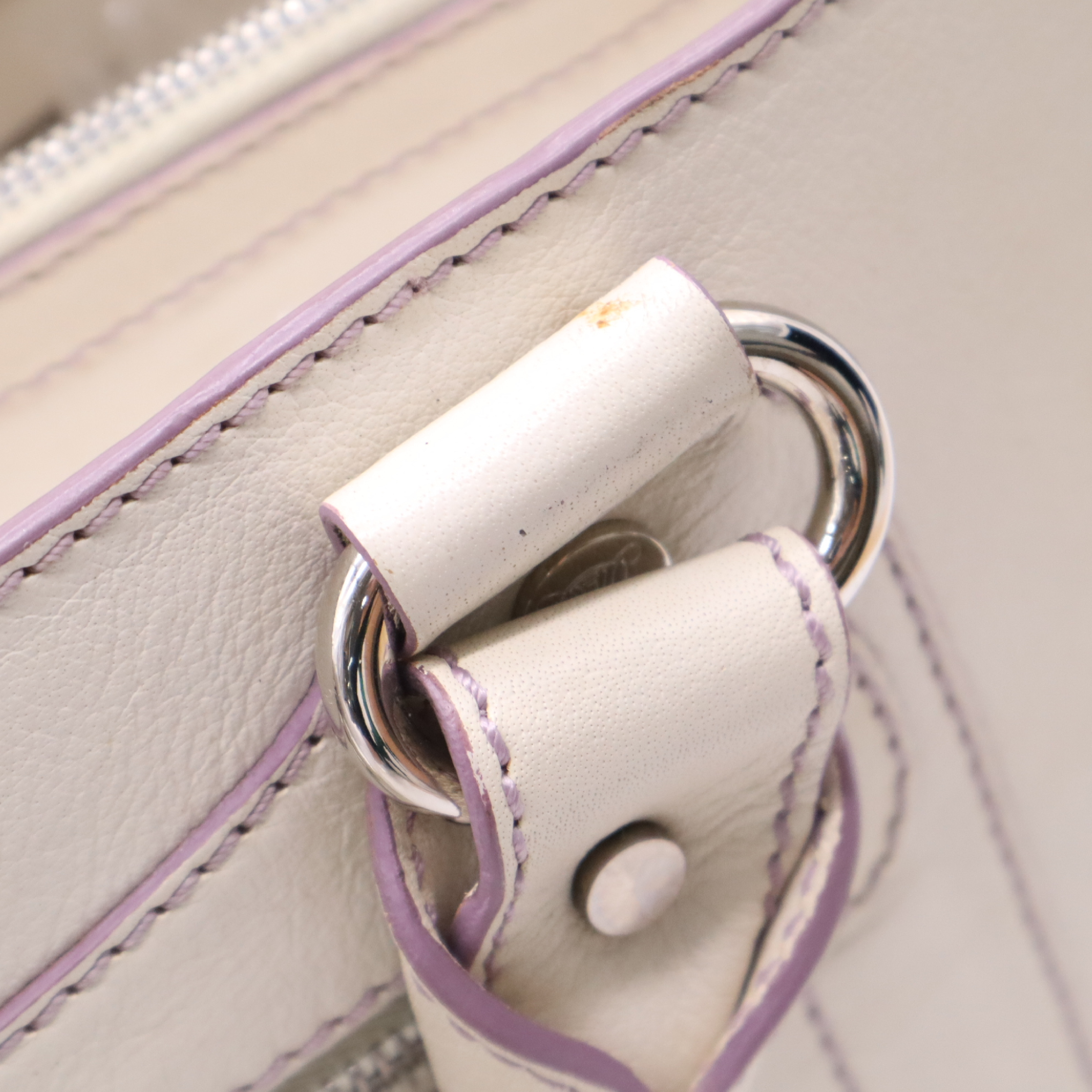 Leather Boogie Bag Handbag, Purple Stitching, Ivory, with Box. — view 7