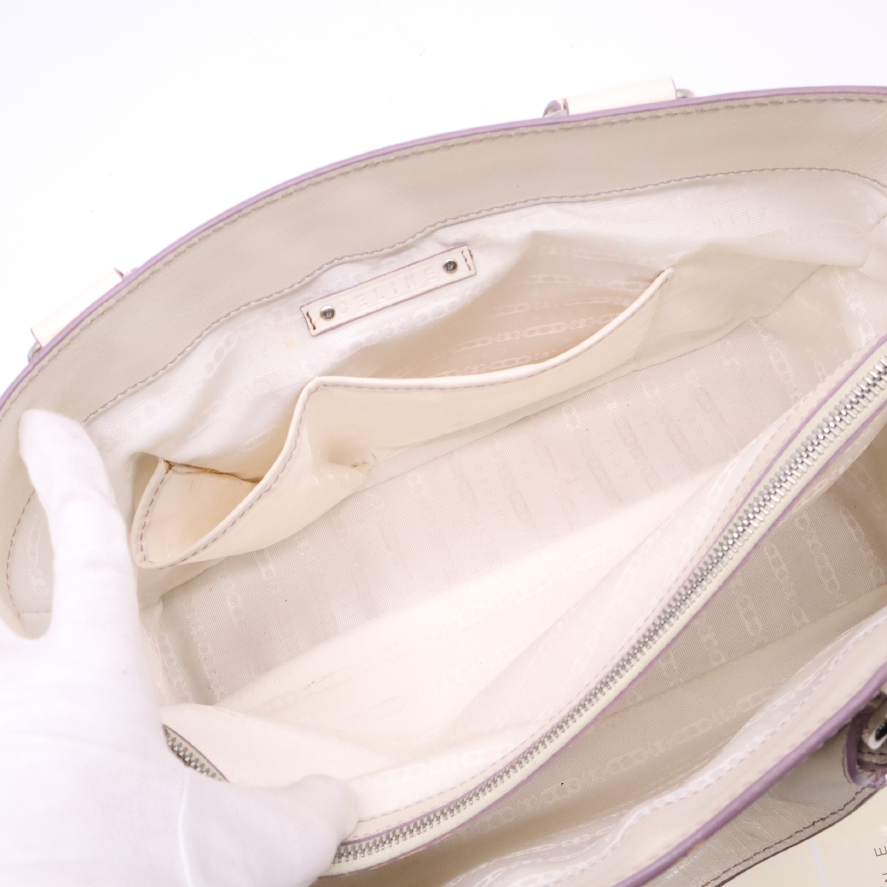 Leather Boogie Bag Handbag, Purple Stitching, Ivory, with Box. — view 9