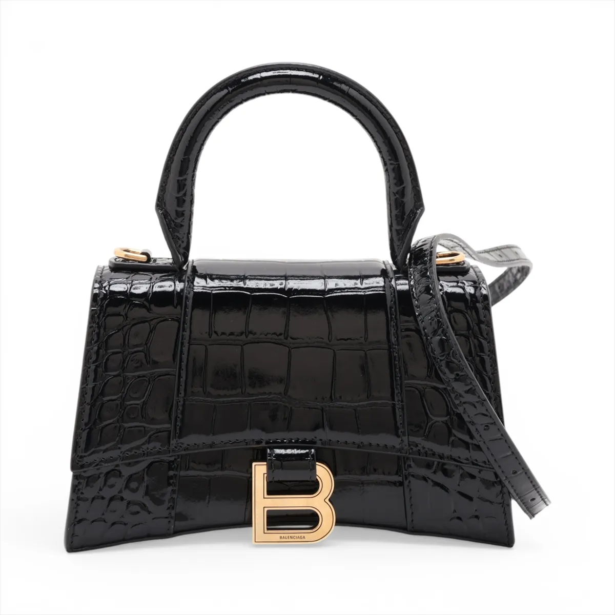 Hourglass XS 592833 Crocodile Embossed 2-Way Handbag Black
