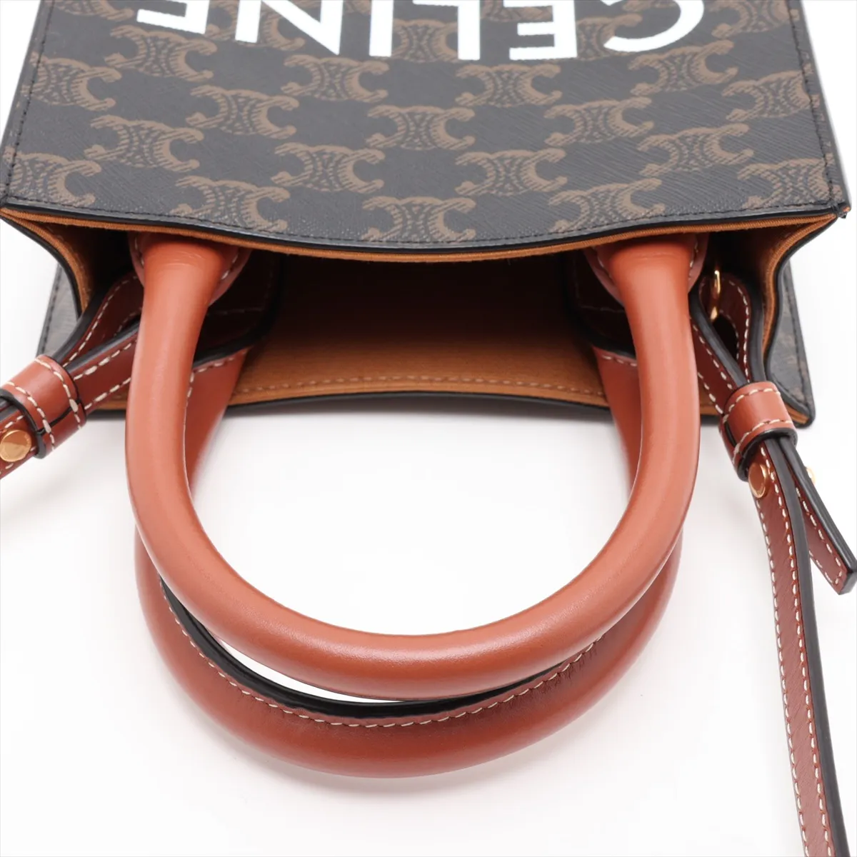 Triomphe Mini Vertical Cabas PVC x Leather 2-Way Handbag Brown — view 5