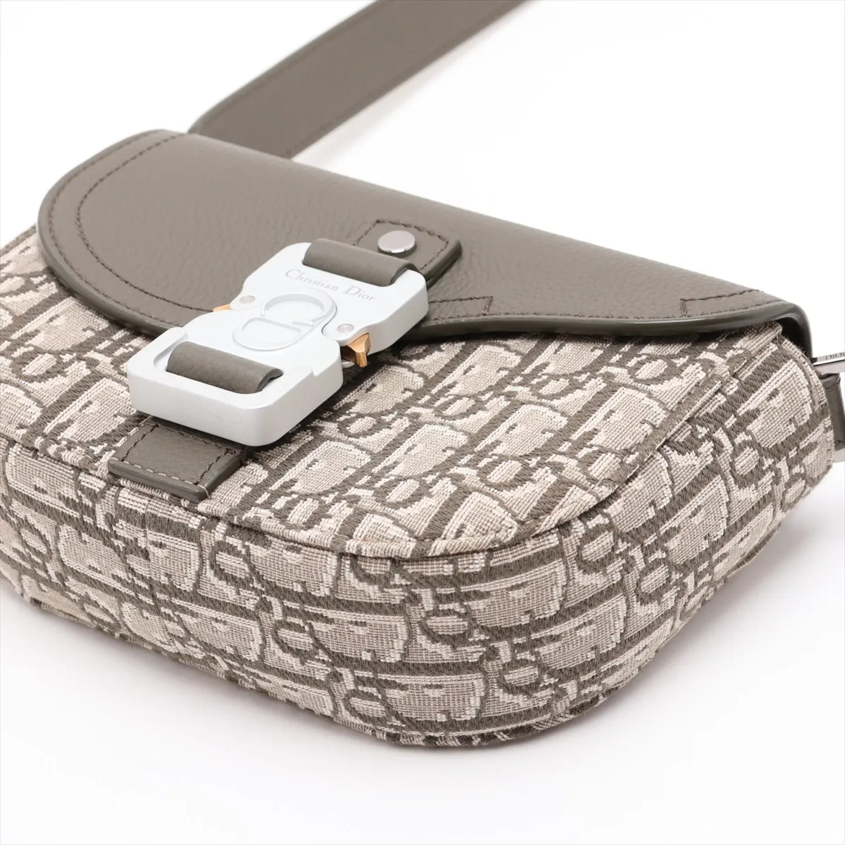Oblique Saddle Messenger Mini Canvas x Leather Shoulder Bag, Khaki — view 3