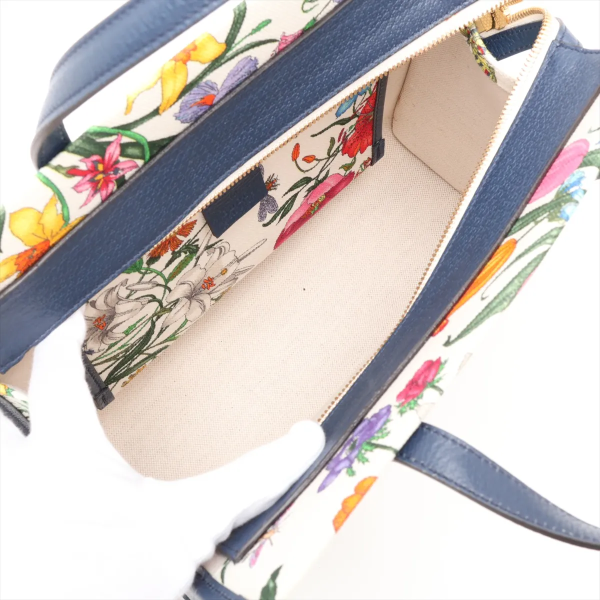 GG Flora 550141 Canvas x Leather 2-Way Handbag White x Navy — view 8