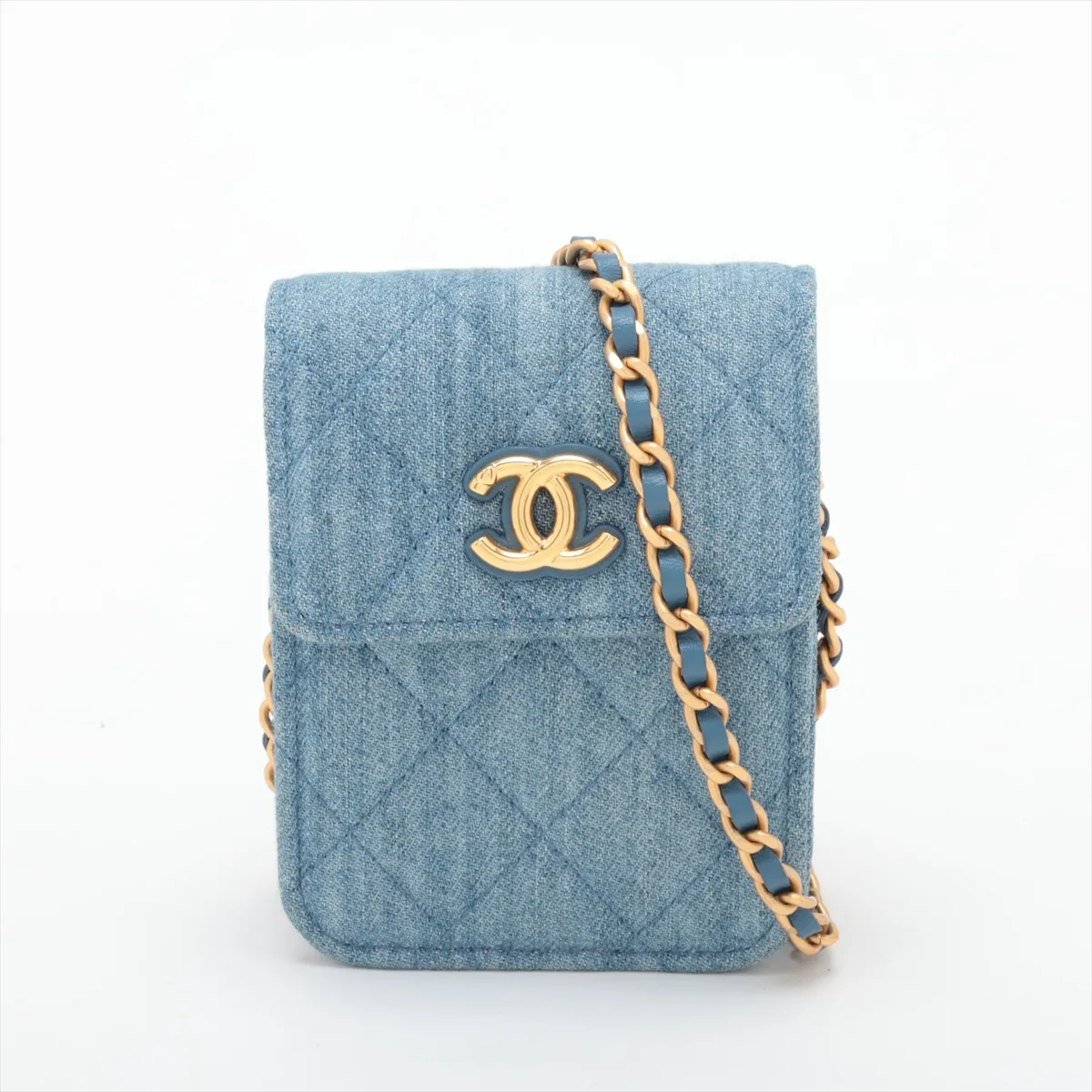 Matelassé Denim x Leather Chain Shoulder Bag, Blue with Gold Hardware, T3C1G61G, Random Serial Number, Year Gift