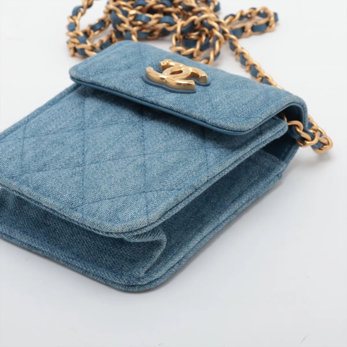 Matelassé Denim x Leather Chain Shoulder Bag, Blue with Gold Hardware, T3C1G61G, Random Serial Number, Year Gift — view 3