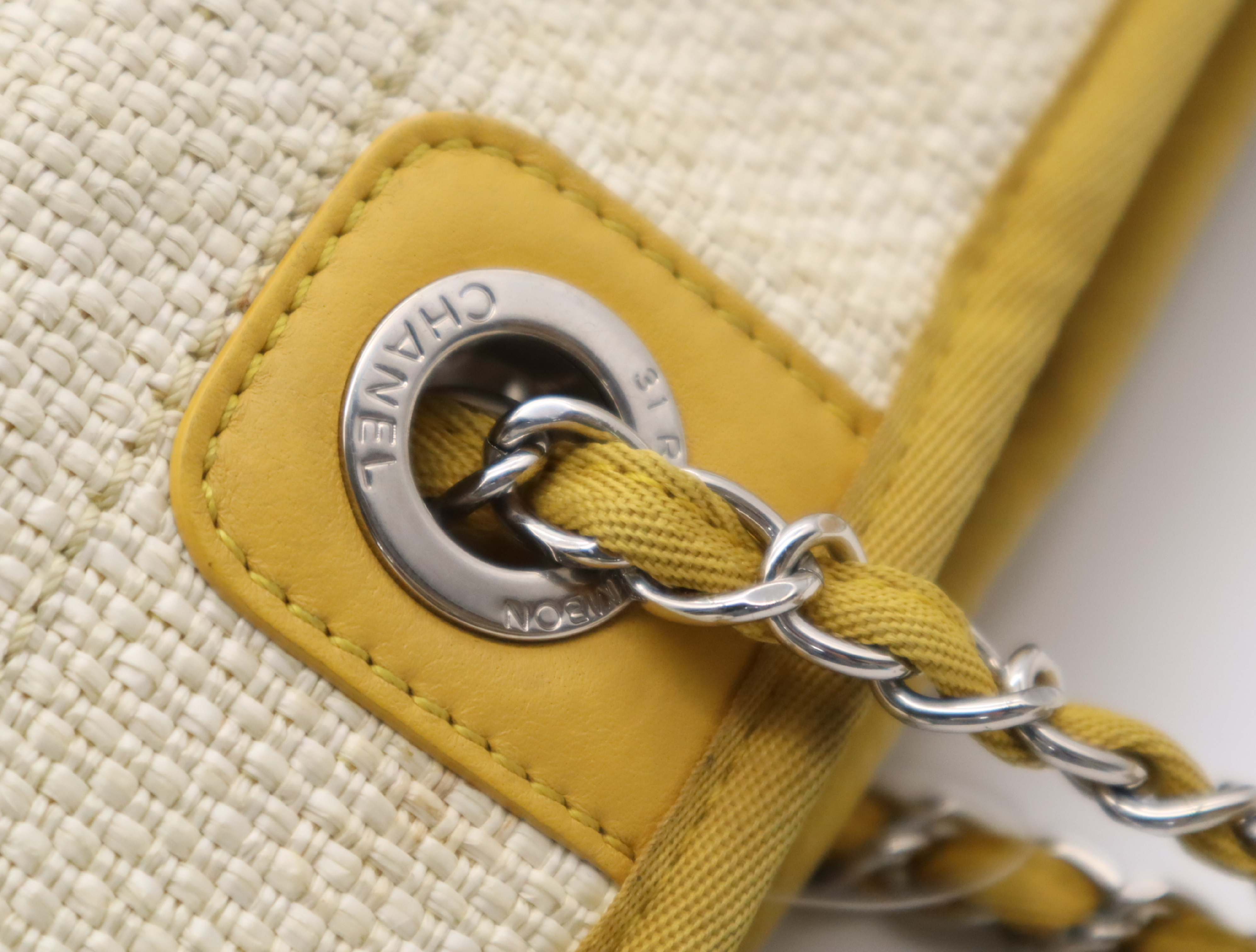 Straw/Leather Deauville MM Chain Shoulder Bag, Beige/Yellow, Seal 21896504 (Shoulder Bag) — view 9