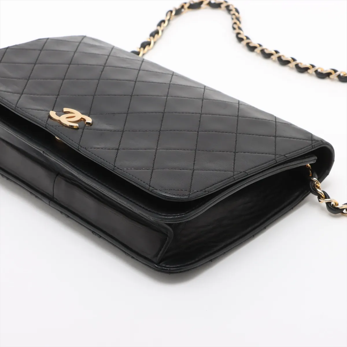 Matelasse Lambskin Chain Shoulder Bag Push Lock Black Gold Hardware — view 3