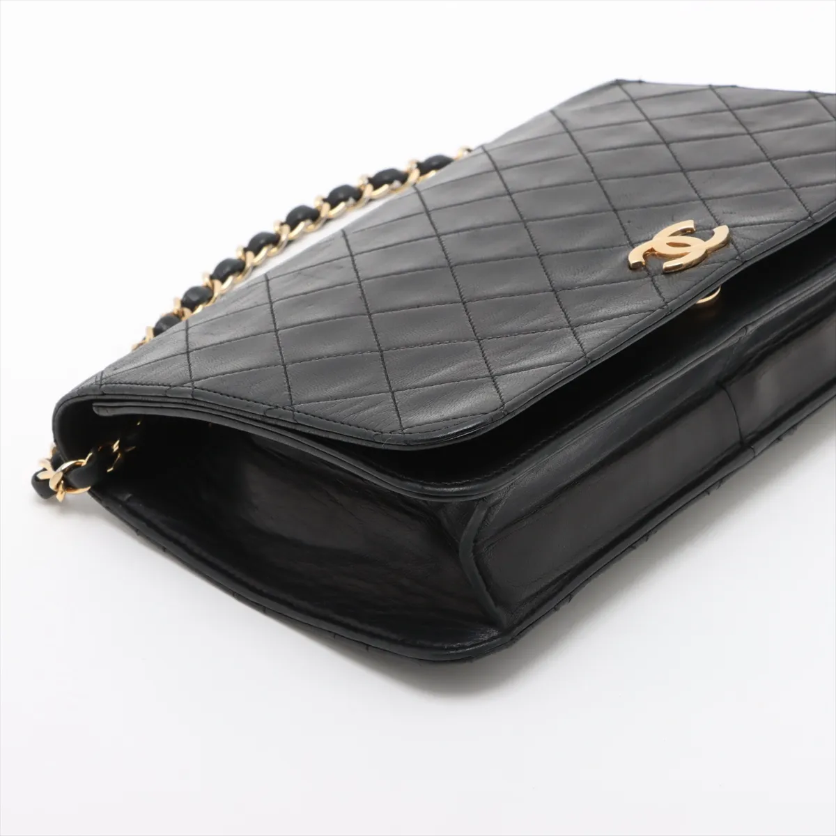 Matelasse Lambskin Chain Shoulder Bag Push Lock Black Gold Hardware — view 4