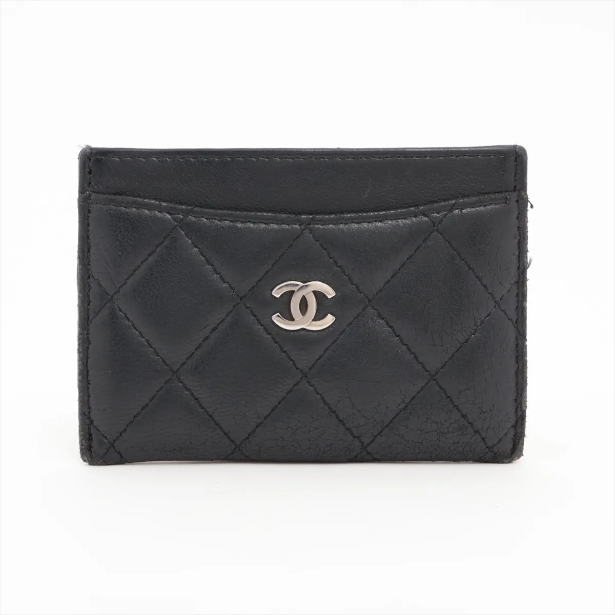 Matelassé Lambskin Card Case, Black with Silver Hardware, 16150157