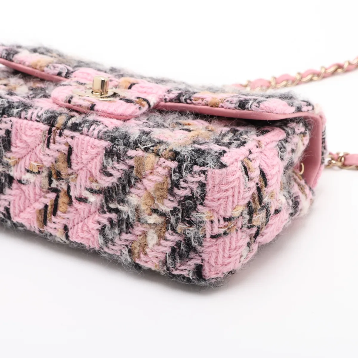 Mini Matelassé 20 Tweed Single Flap Single Chain Bag, Pink with Gold Hardware, P7KHHT91, Random Plate, A69900 — view 3