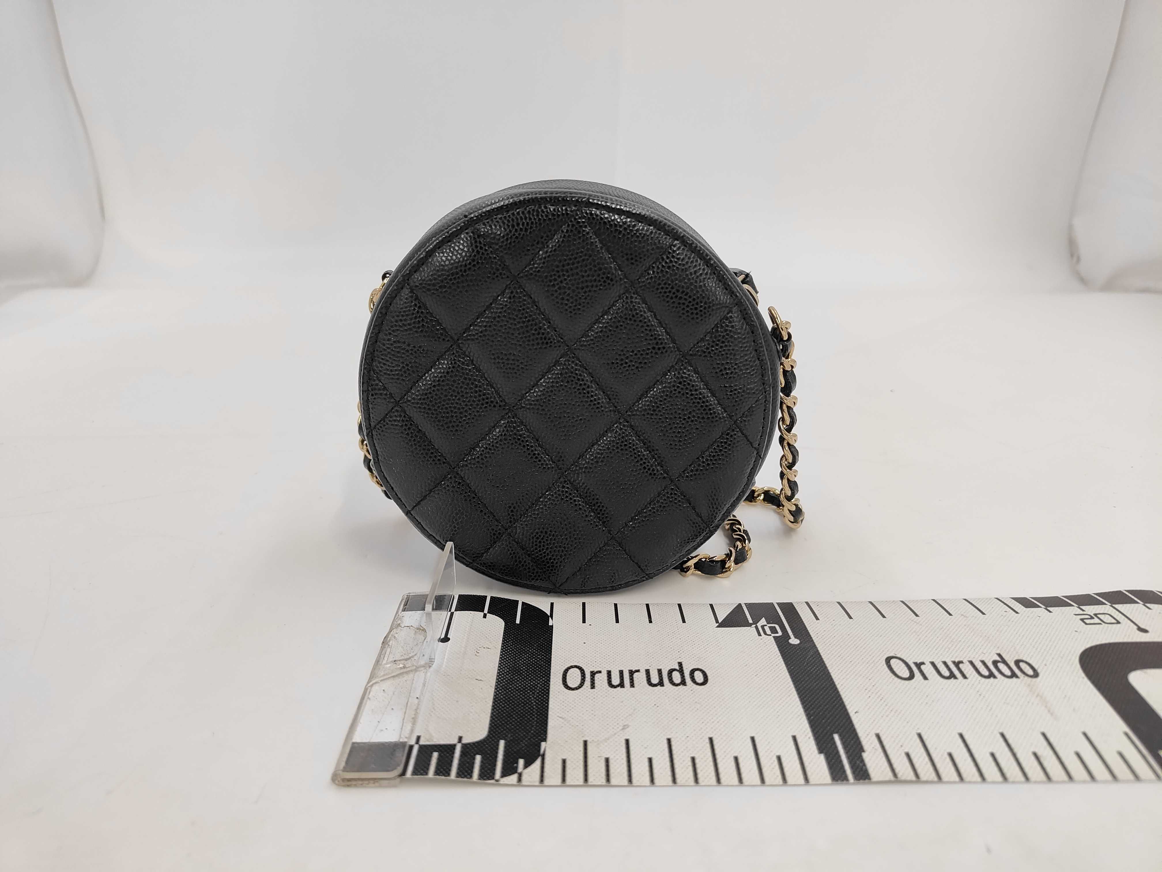 Matelassé Caviar Skin Round Chain Shoulder Bag, Black, with seal. — view 2