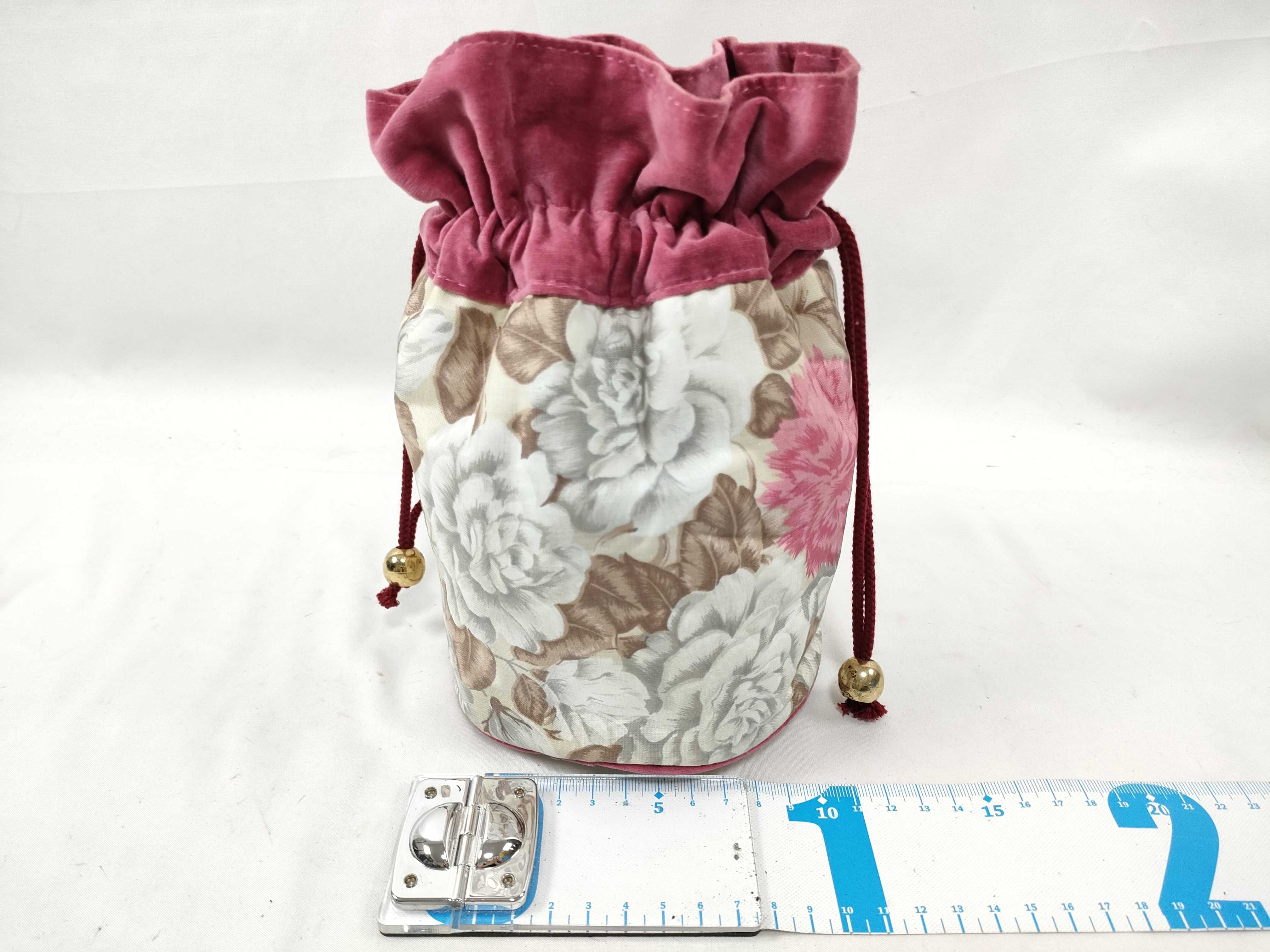 Velour Flower Motif Drawstring Bucket Pouch with Tag - Accessory Pouch — view 2
