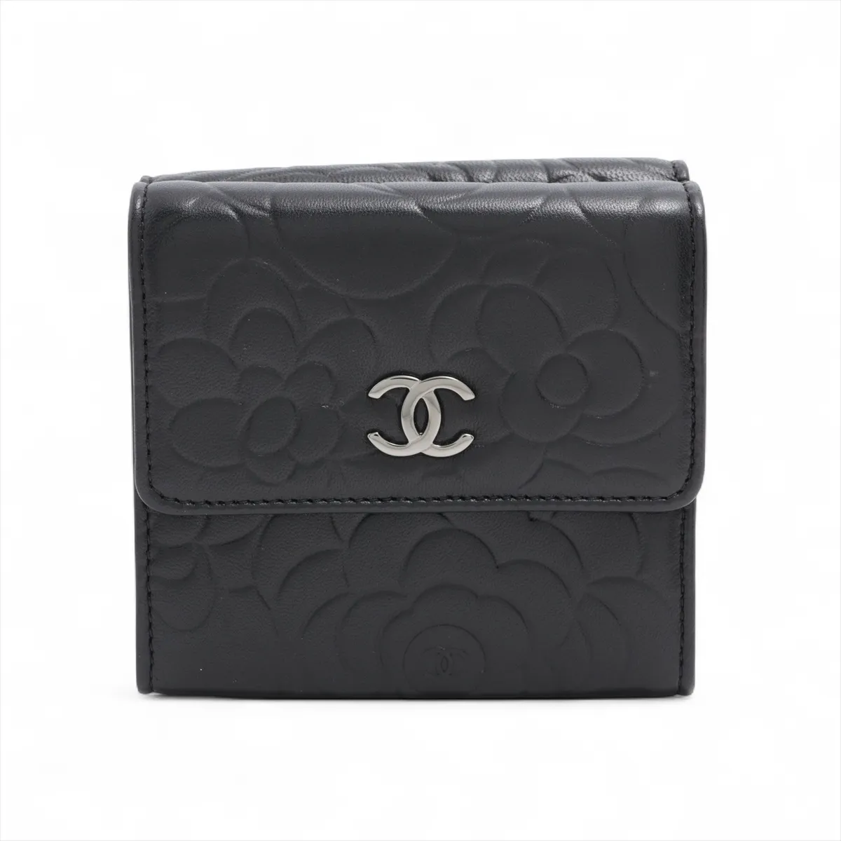 Camellia Lambskin Compact Wallet, Black with Silver Hardware, 11746401