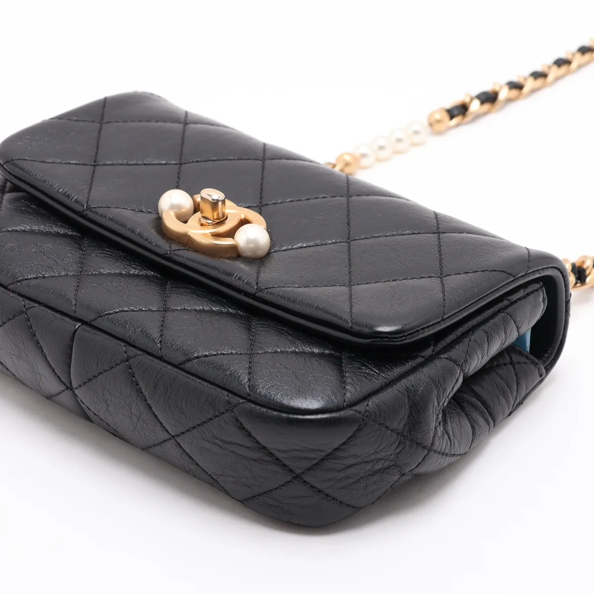 Matelassé Leather Chain Shoulder Bag, Pearl Black with Gold Hardware, KJ0C97A6, Random Plate — view 3