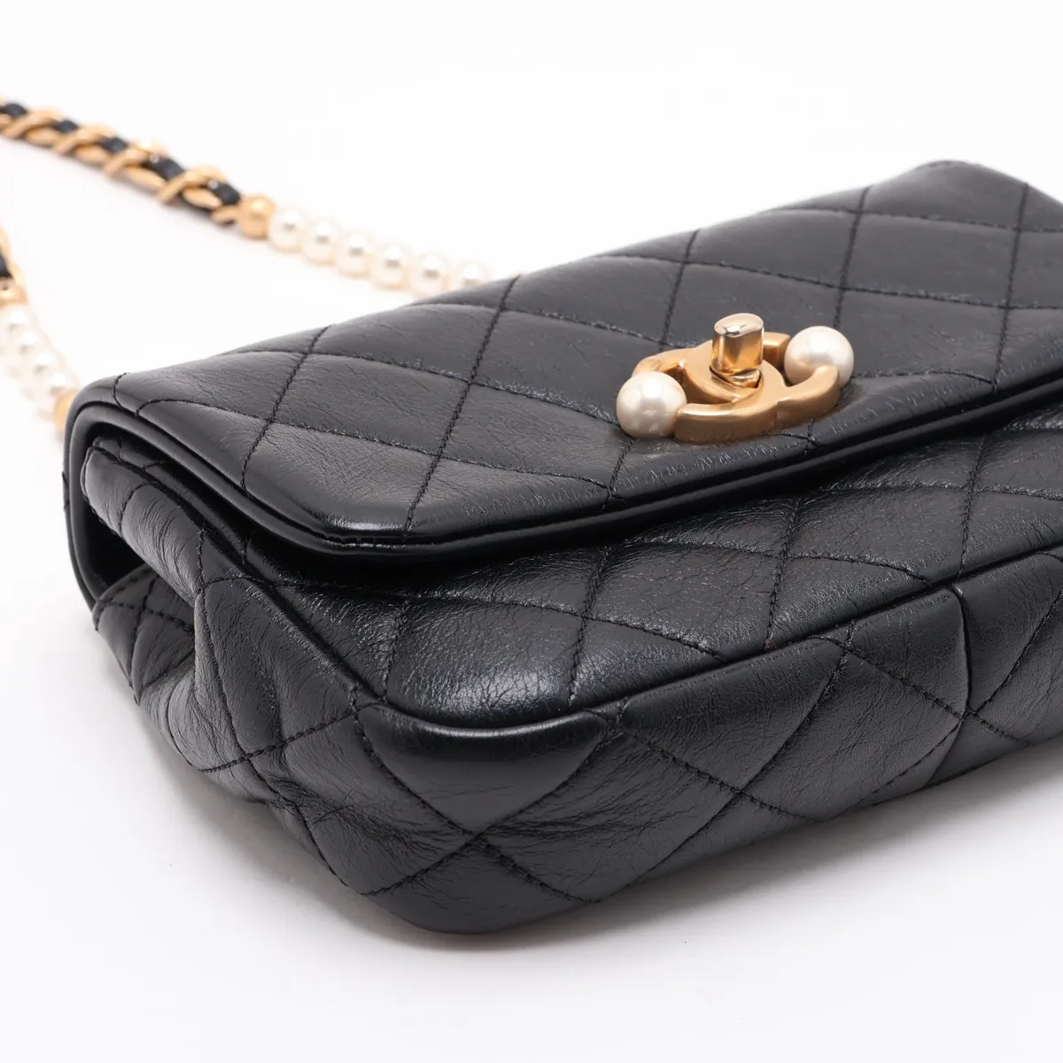 Matelassé Leather Chain Shoulder Bag, Pearl Black with Gold Hardware, KJ0C97A6, Random Plate — view 4