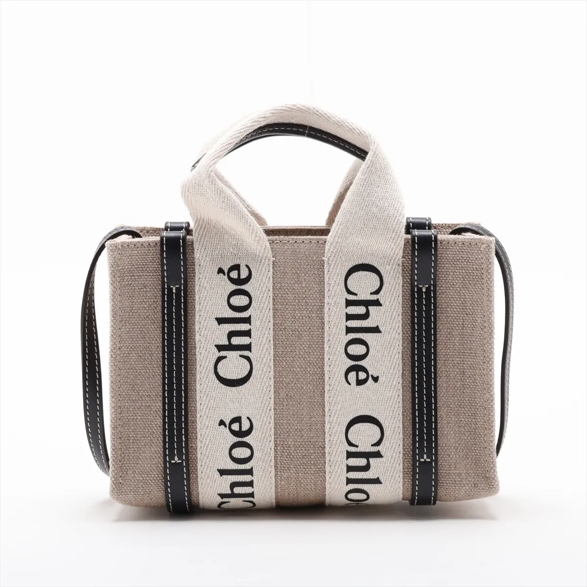 Woody Mini Canvas x Leather 2-Way Handbag, Beige x Navy — view 2