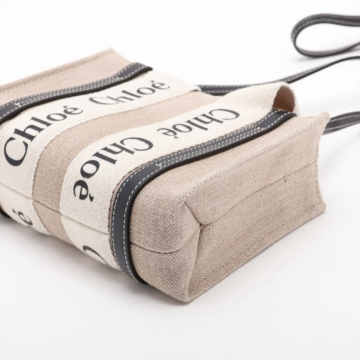 Woody Mini Canvas x Leather 2-Way Handbag, Beige x Navy — view 3