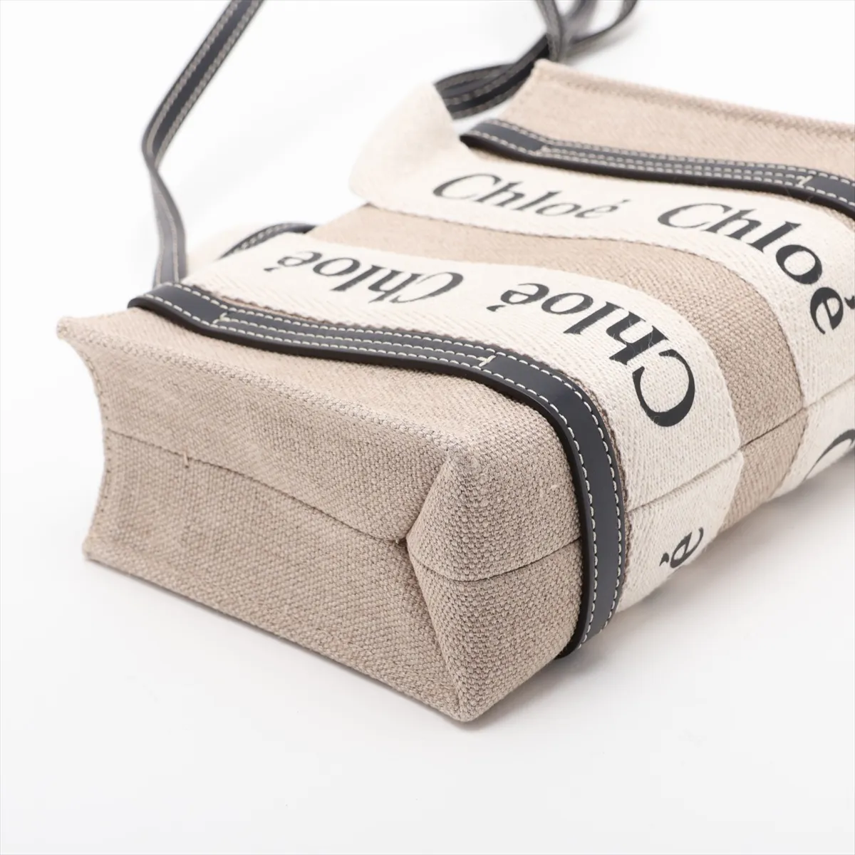Woody Mini Canvas x Leather 2-Way Handbag, Beige x Navy — view 4