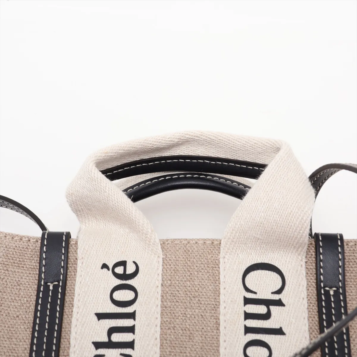 Woody Mini Canvas x Leather 2-Way Handbag, Beige x Navy — view 6